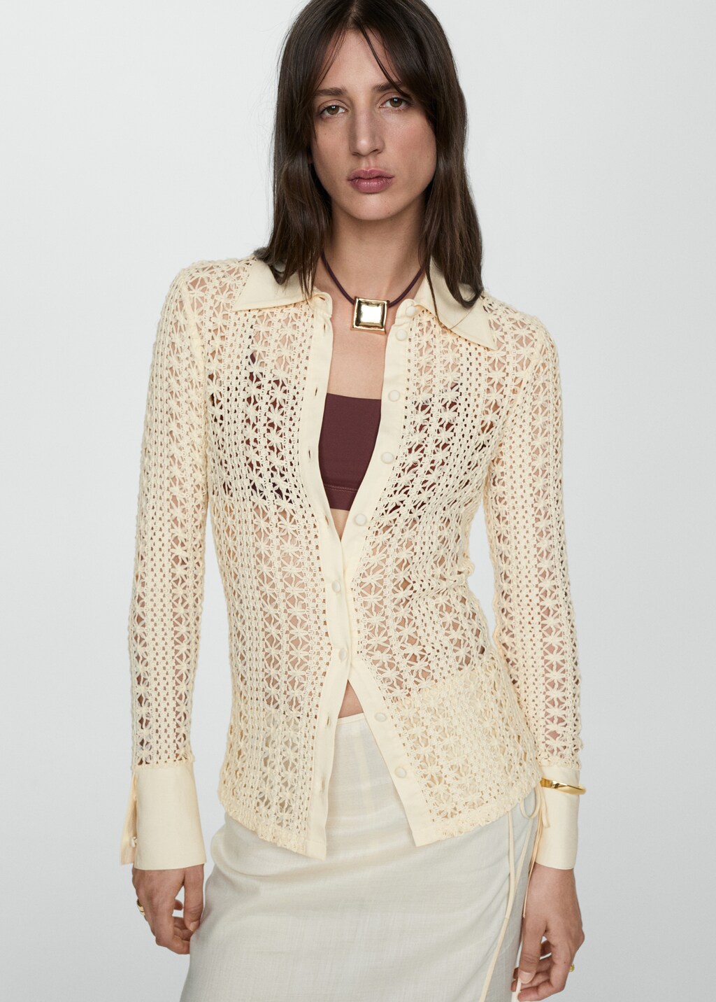 Chemise manches courtes en maille fantaisie avec col cubain ... ecru