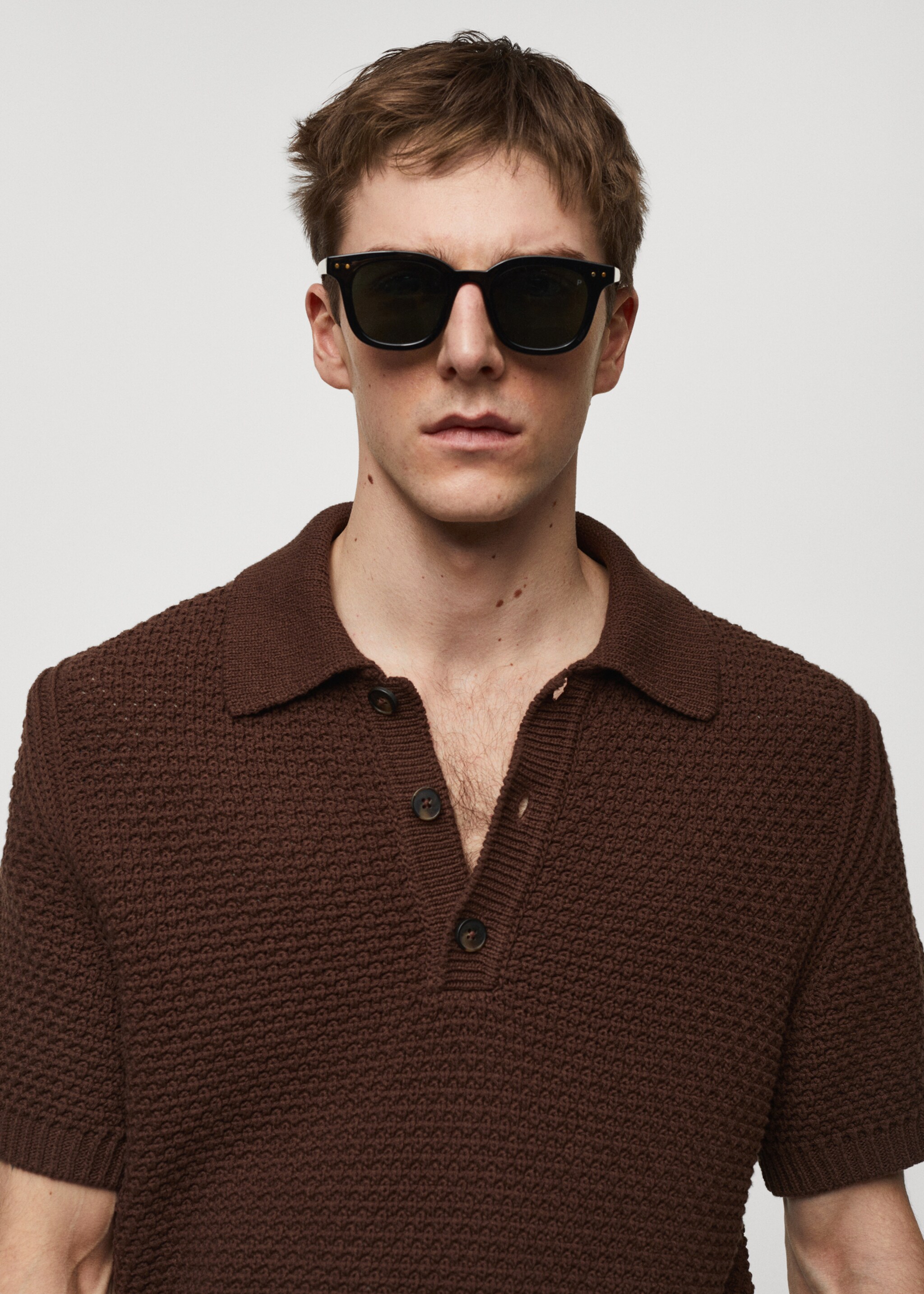 100% cotton braided knitted polo shirt - Details of the article 1, Tobacco Brown. Ref: 67037913-00.
