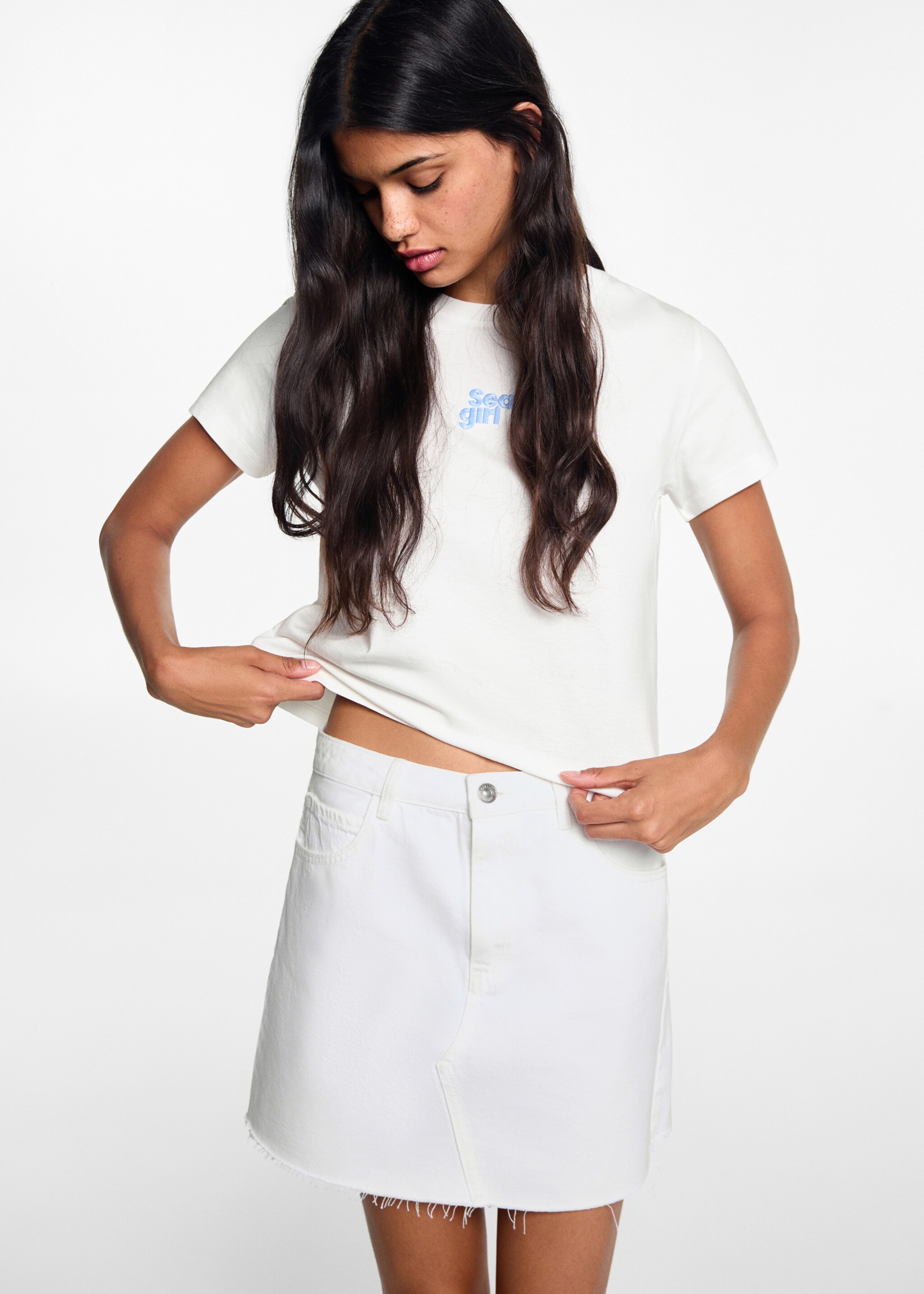 Φούστα μίνι denim - Μεσαίο πλάνο, Υπόλευκο. Ref: 67037922-00.