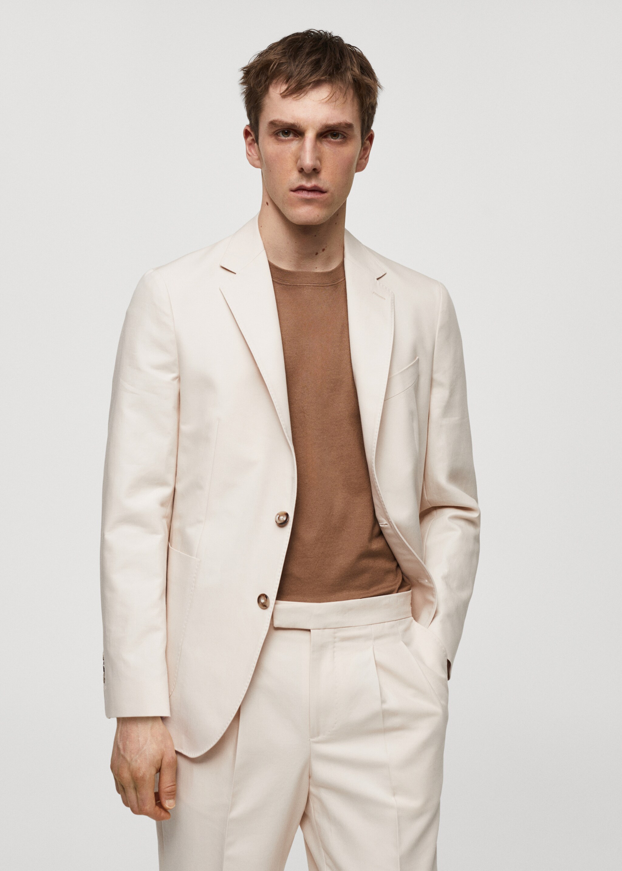 Marynarka garniturowa slim fit z 100% bawełny - Plan średni, Kremowy / écru. Ref: 67038269-00.