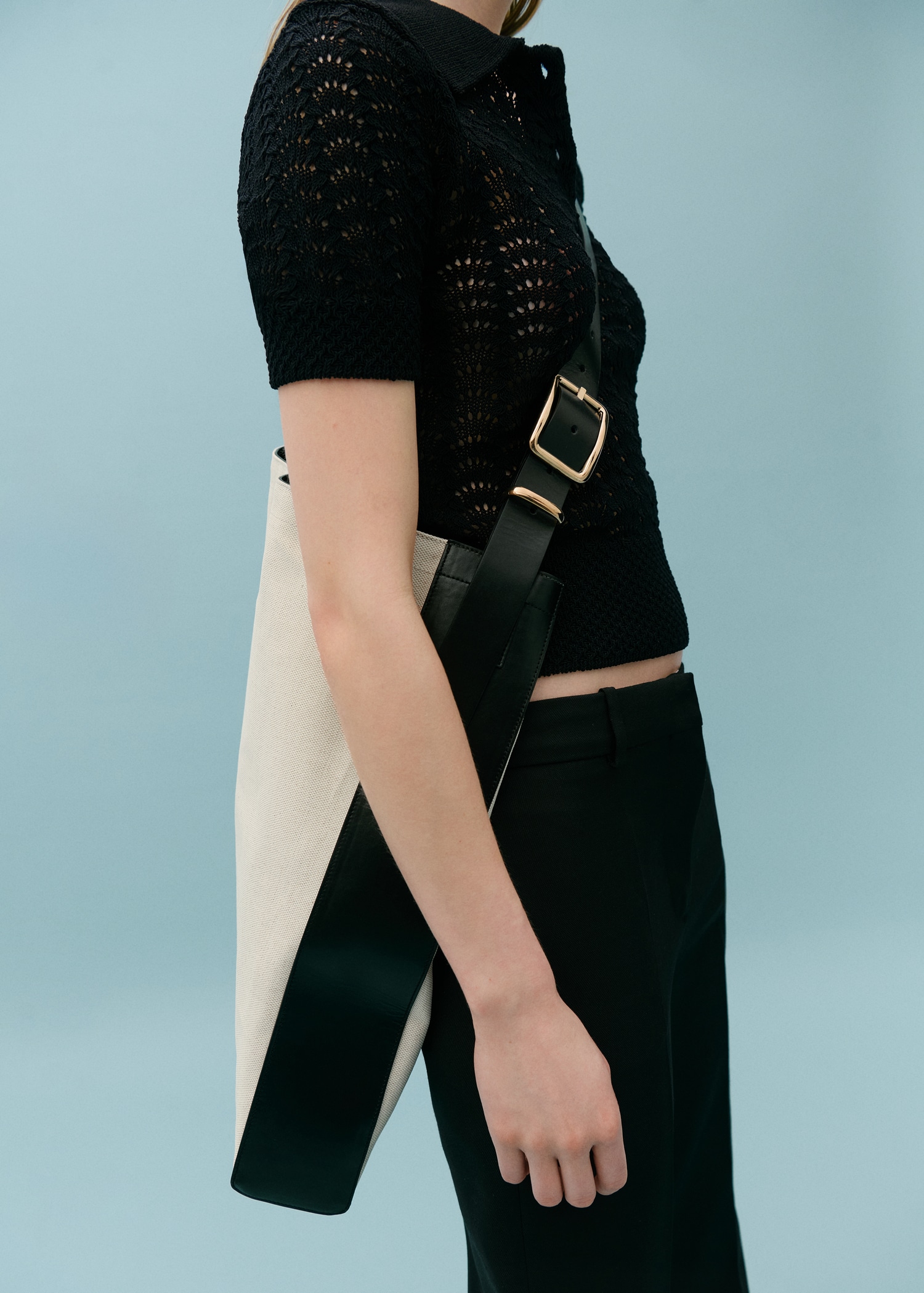 Contrast-leather canvas maxi bag Women MANGO OUTLET Romania