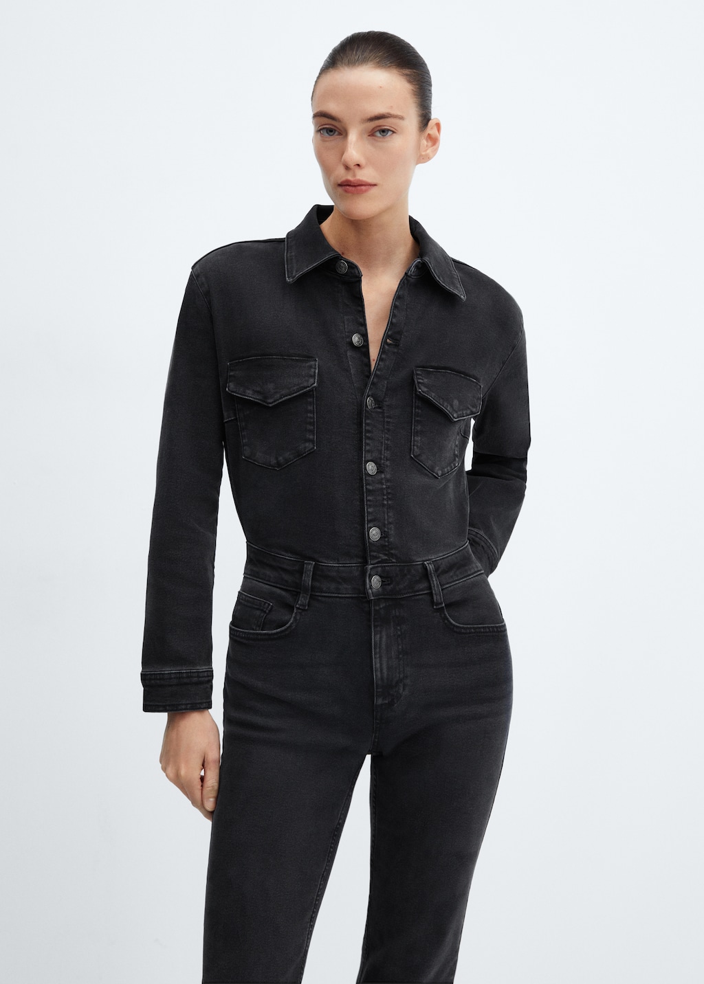 Black jean jumpsuit top