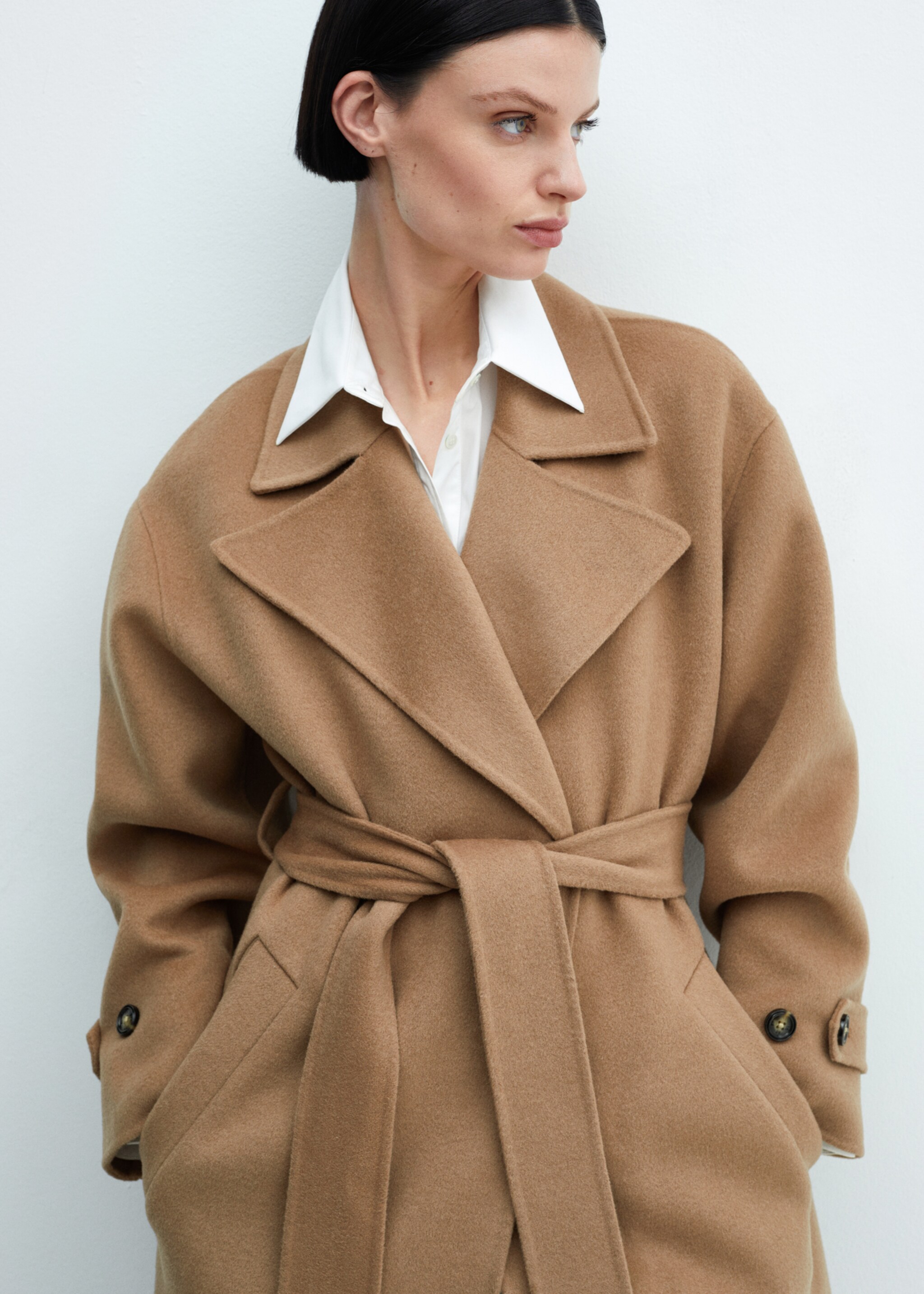Woollen coat with belt - Details of the article 1, Medium Brown. Ref: 67040449-00.