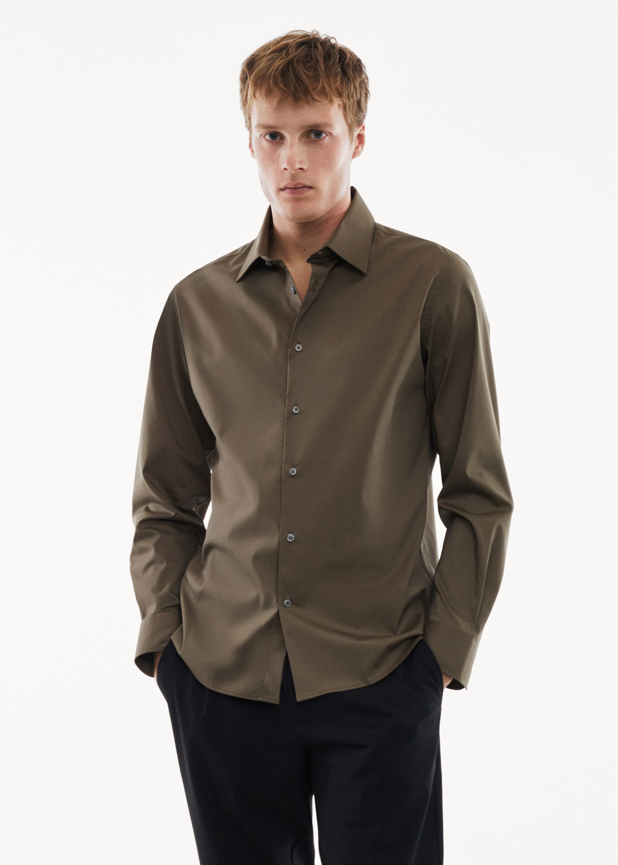 Regular-fit stretch cotton shirt - Medium plane, Khaki. Ref: 67040637-00.