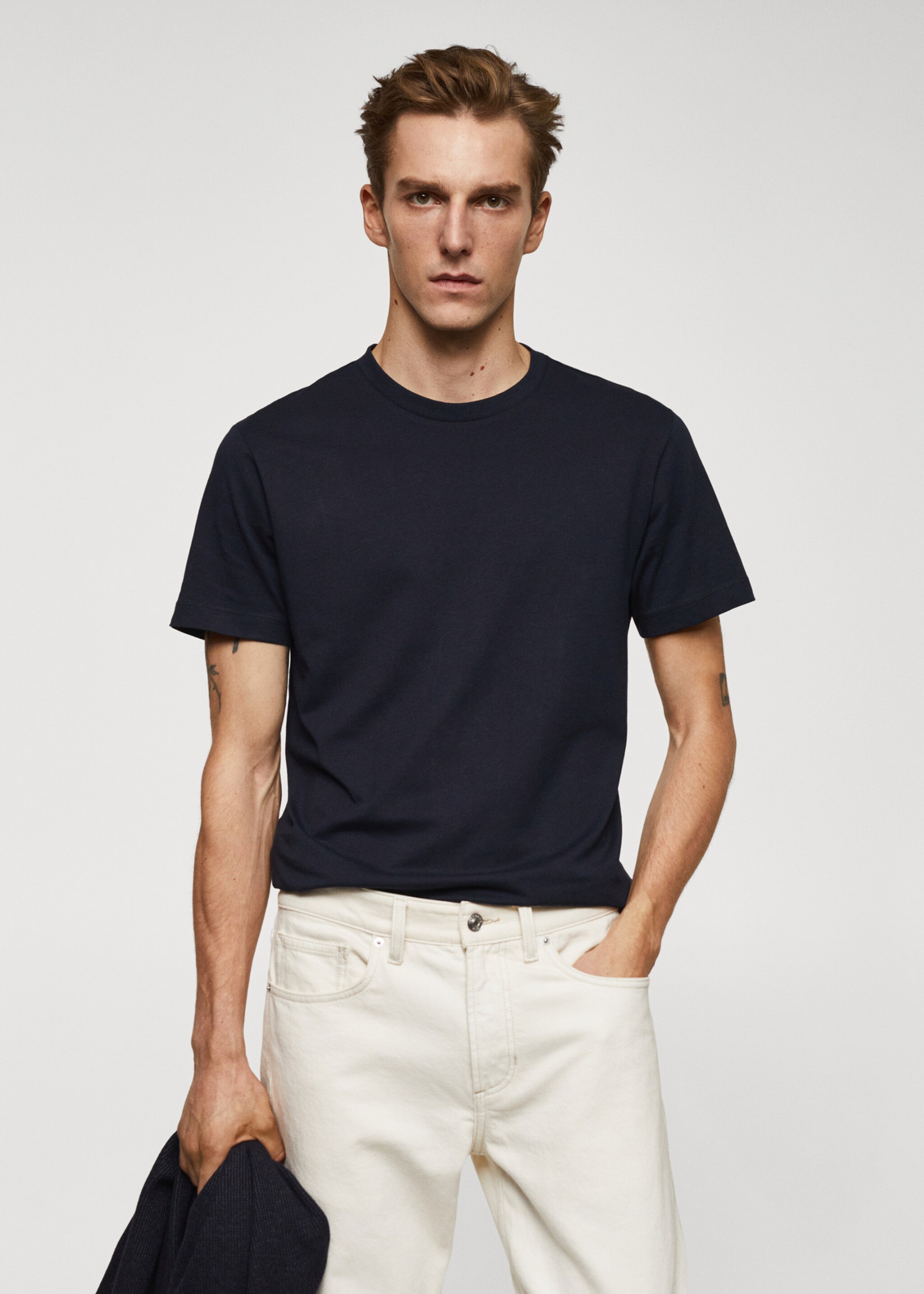 Essential cotton-blend T-shirt - Medium plane, Dark Navy. Ref: 67040647-00.