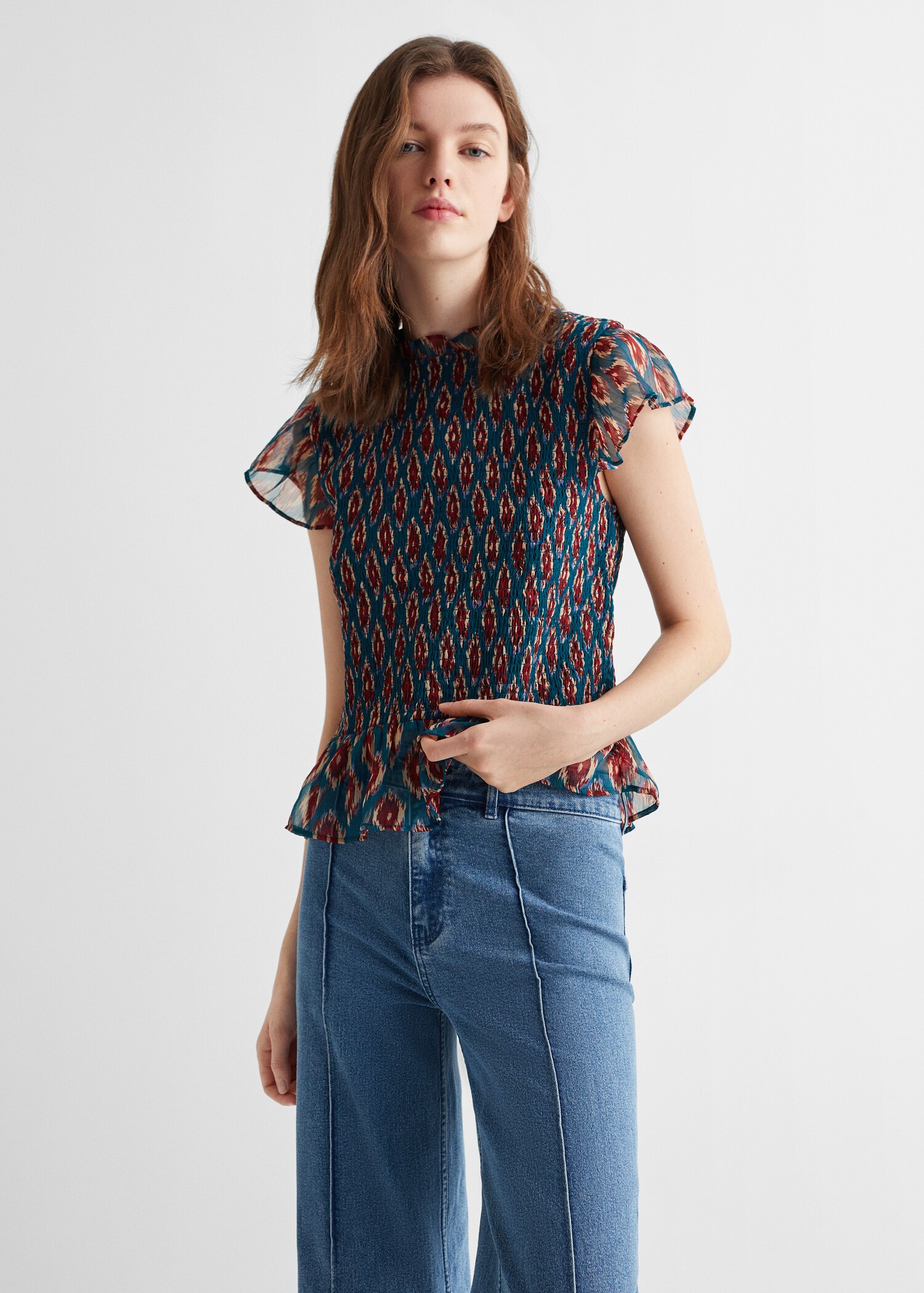 Frilled-sleeve ruched blouse - Medium plane