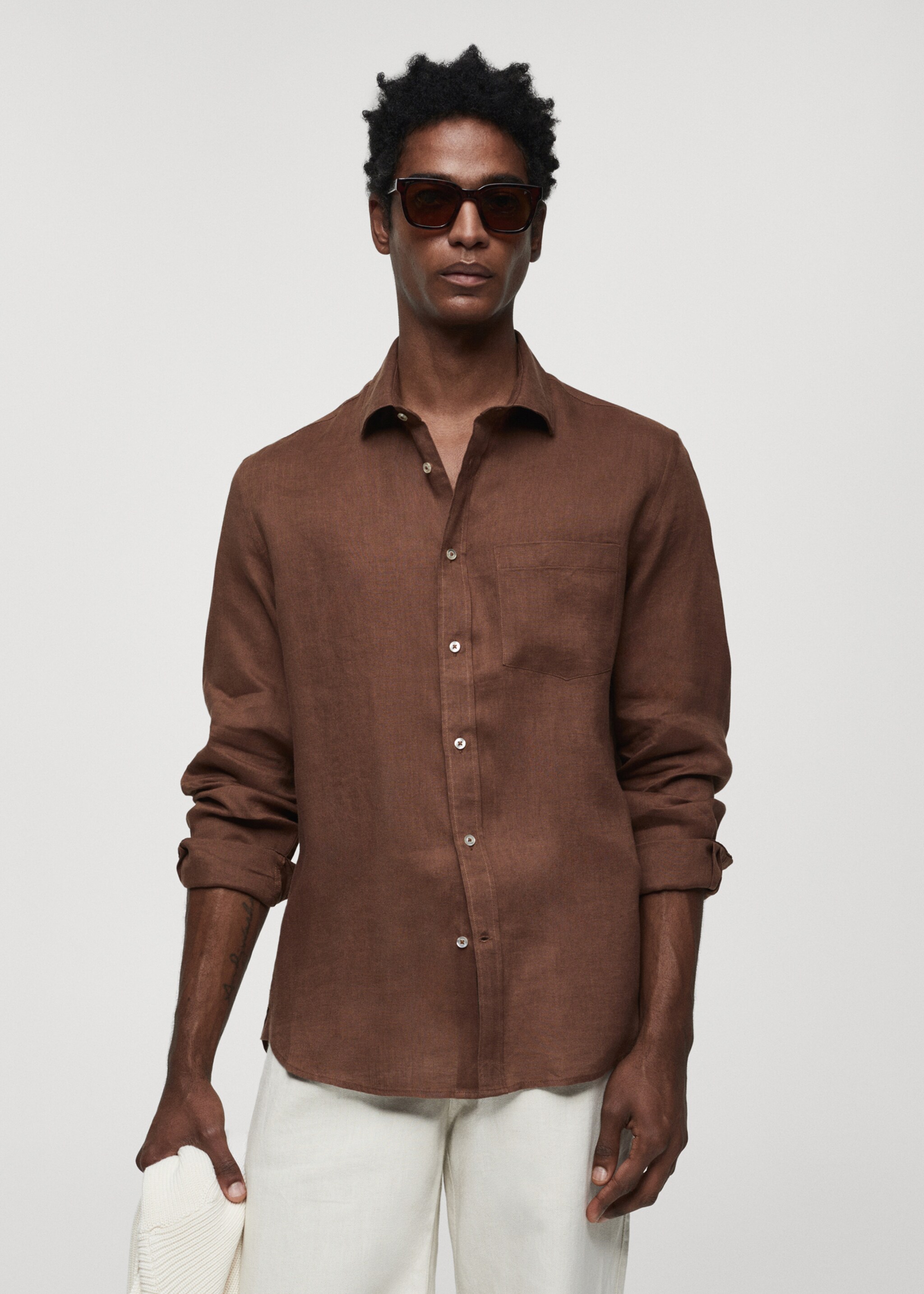 Classic fit 100% linen shirt - Medium plane, Brown. Ref: 67045982-00.