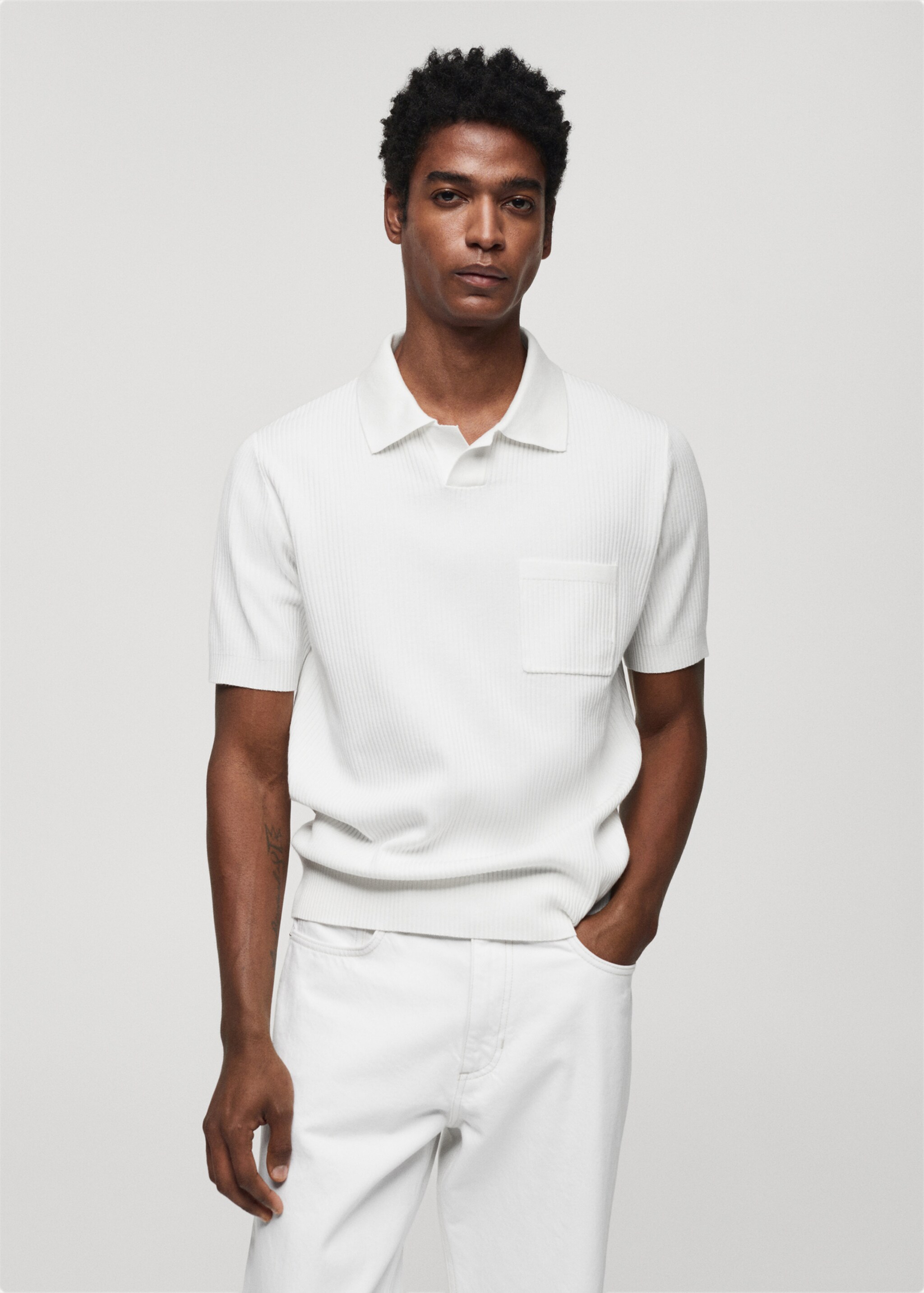 Short-sleeved ribbed polo shirt - Medium plane, White. Ref: 67046727-00.