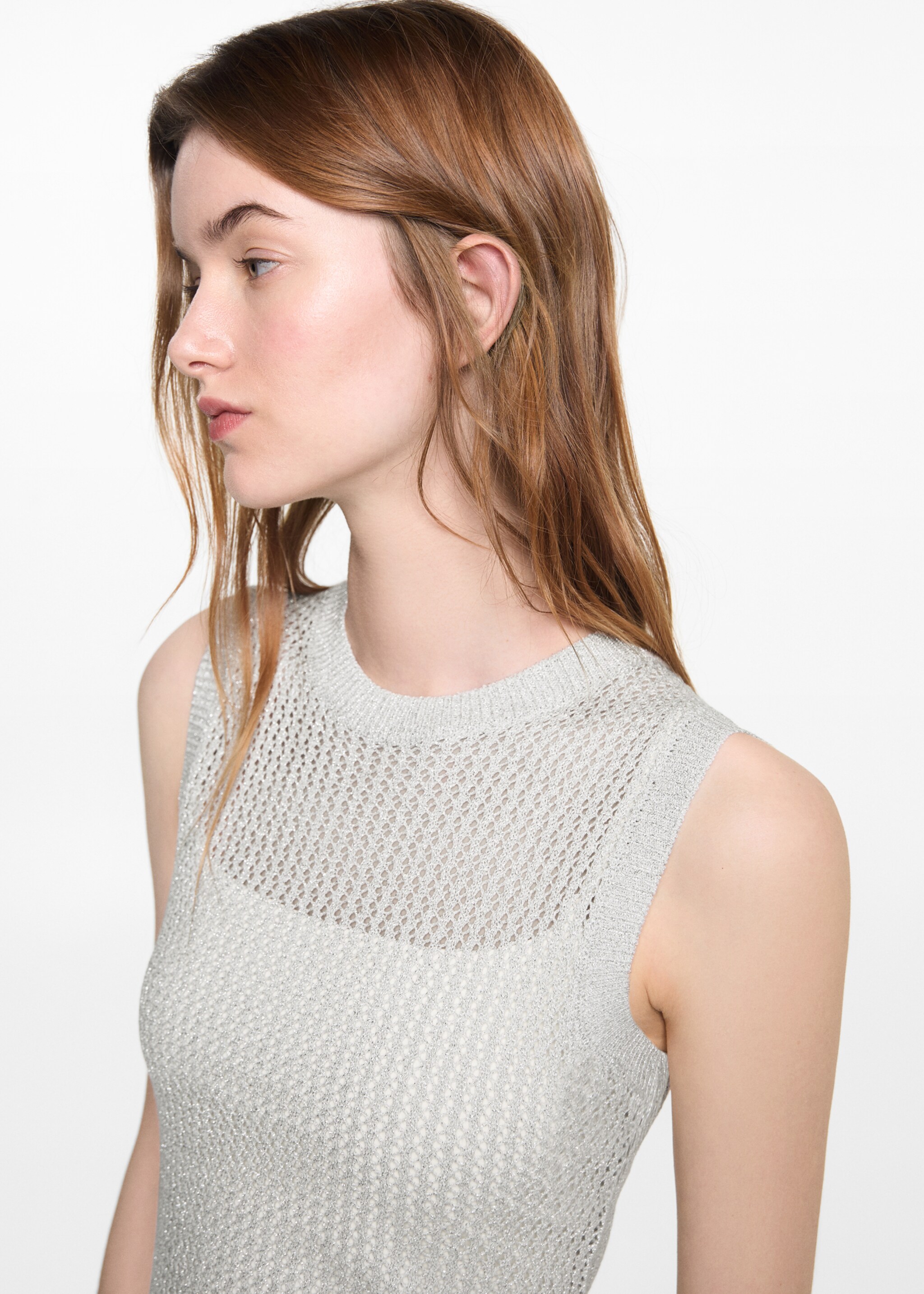 Openwork knitted lurex top - Details of the article 1, Silver. Ref: 67047708-00.
