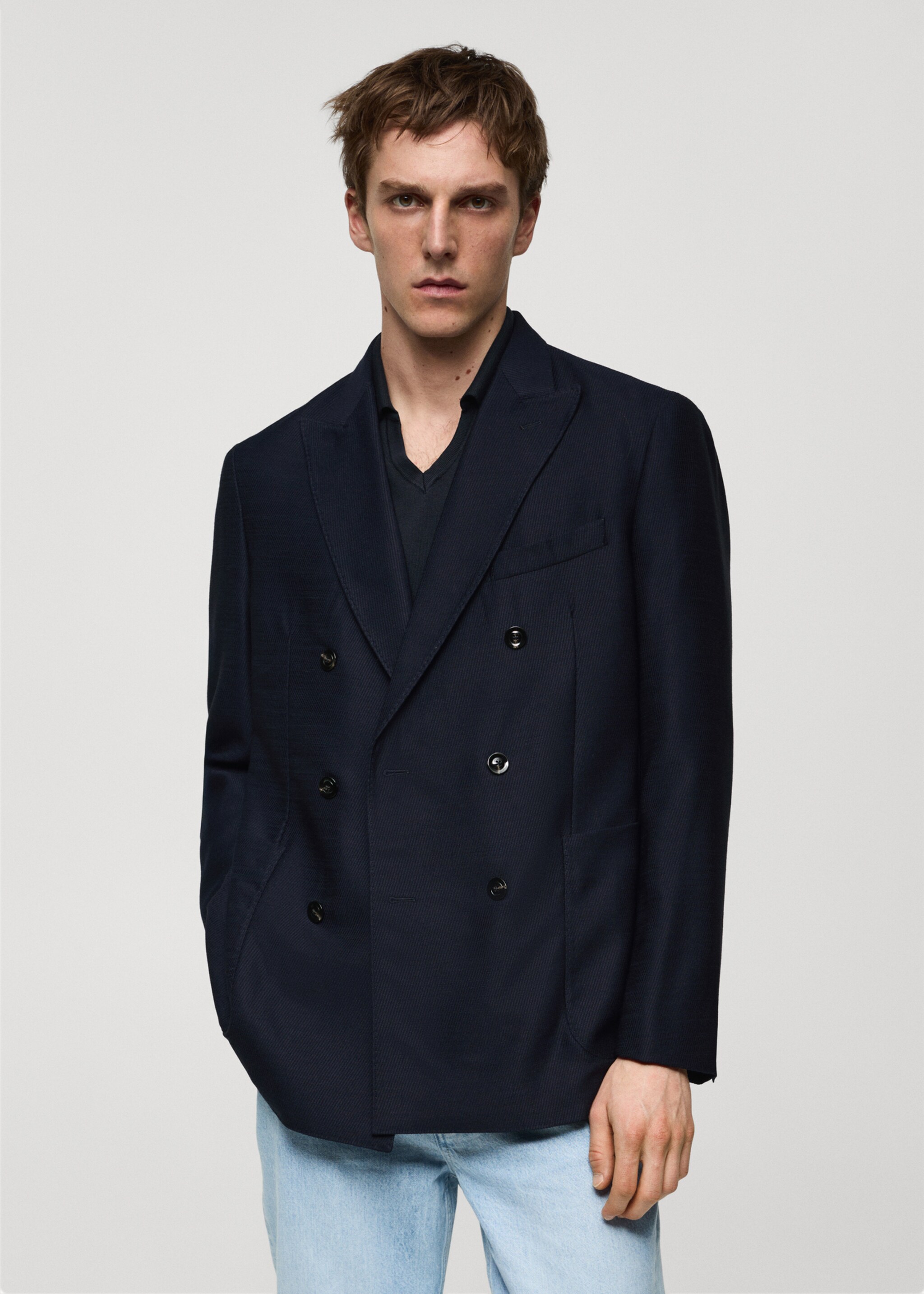 100% virgin wool twill double-breasted jacket - Medium plane, Dark Navy. Ref: 67048268-00.
