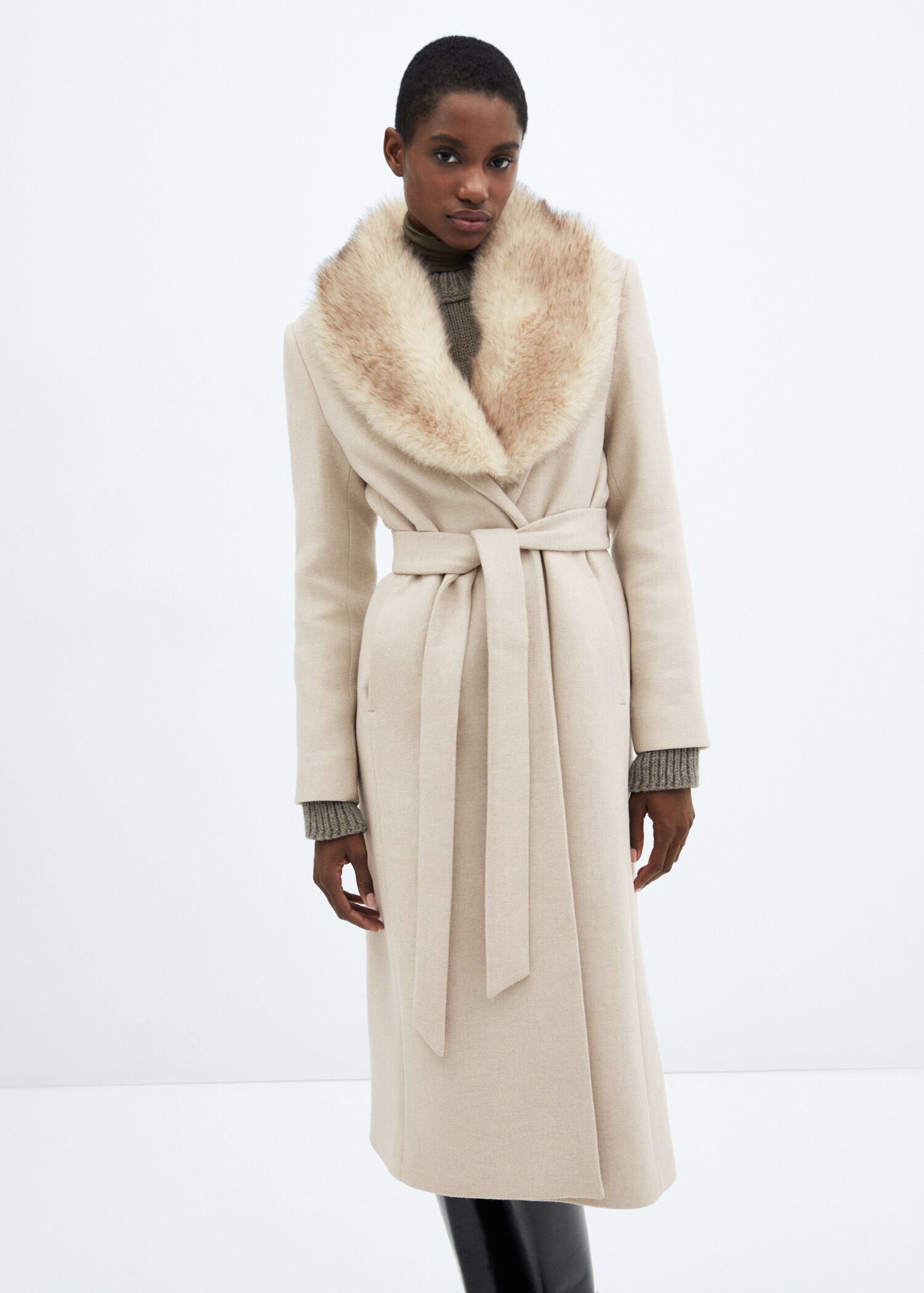 Manteau laine Manteco col imitation fourrure amovible - Plan moyen