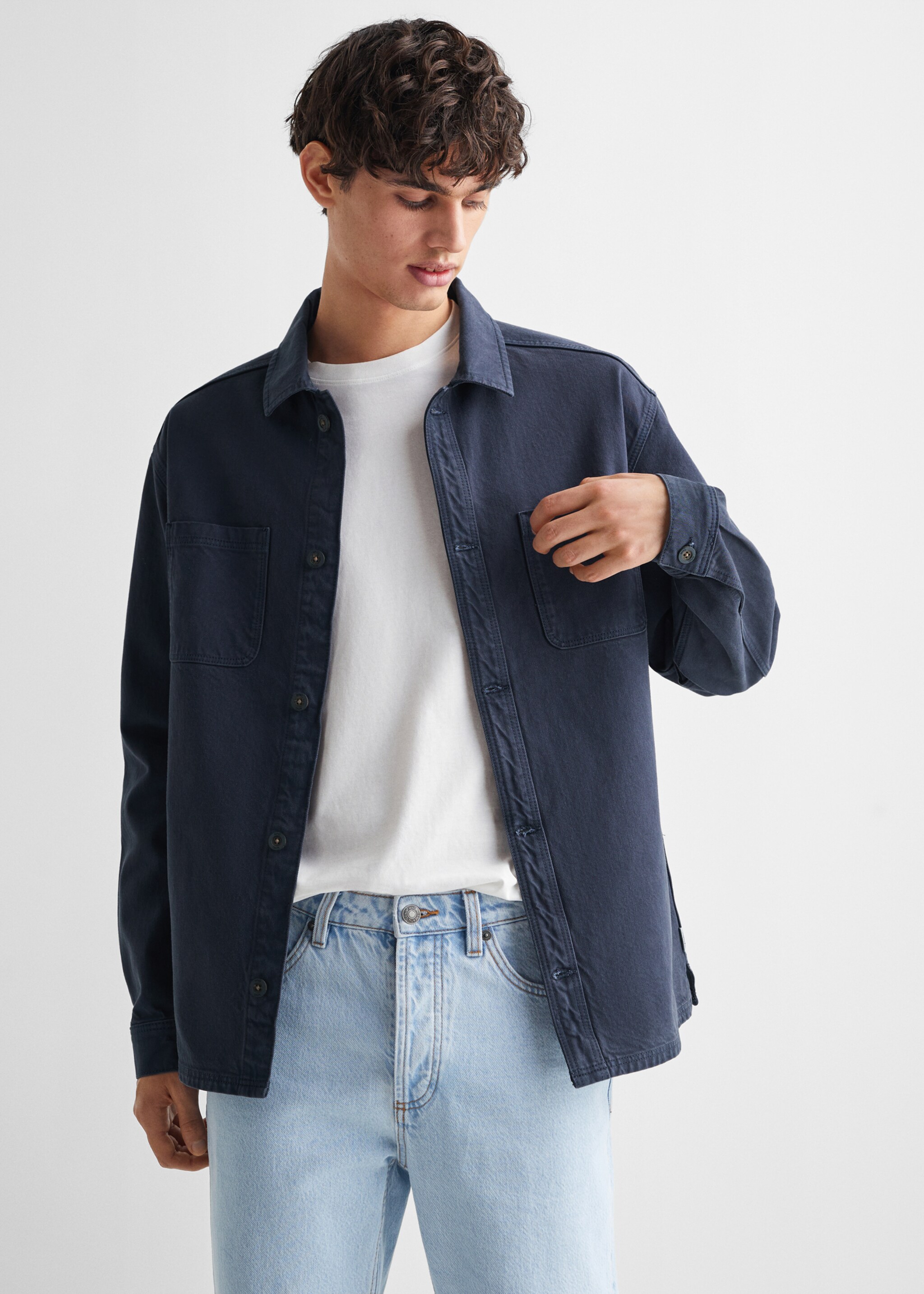 Cotton overshirt with buttons - Medium plane, Navy. Ref: 67050675-00.