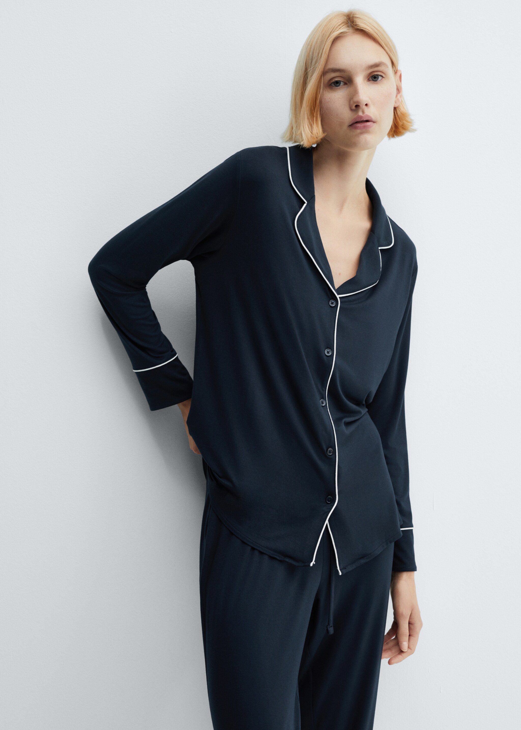 Pyjama shirt with trim - Medium plane, Dark Navy. Ref: 67054020-00.