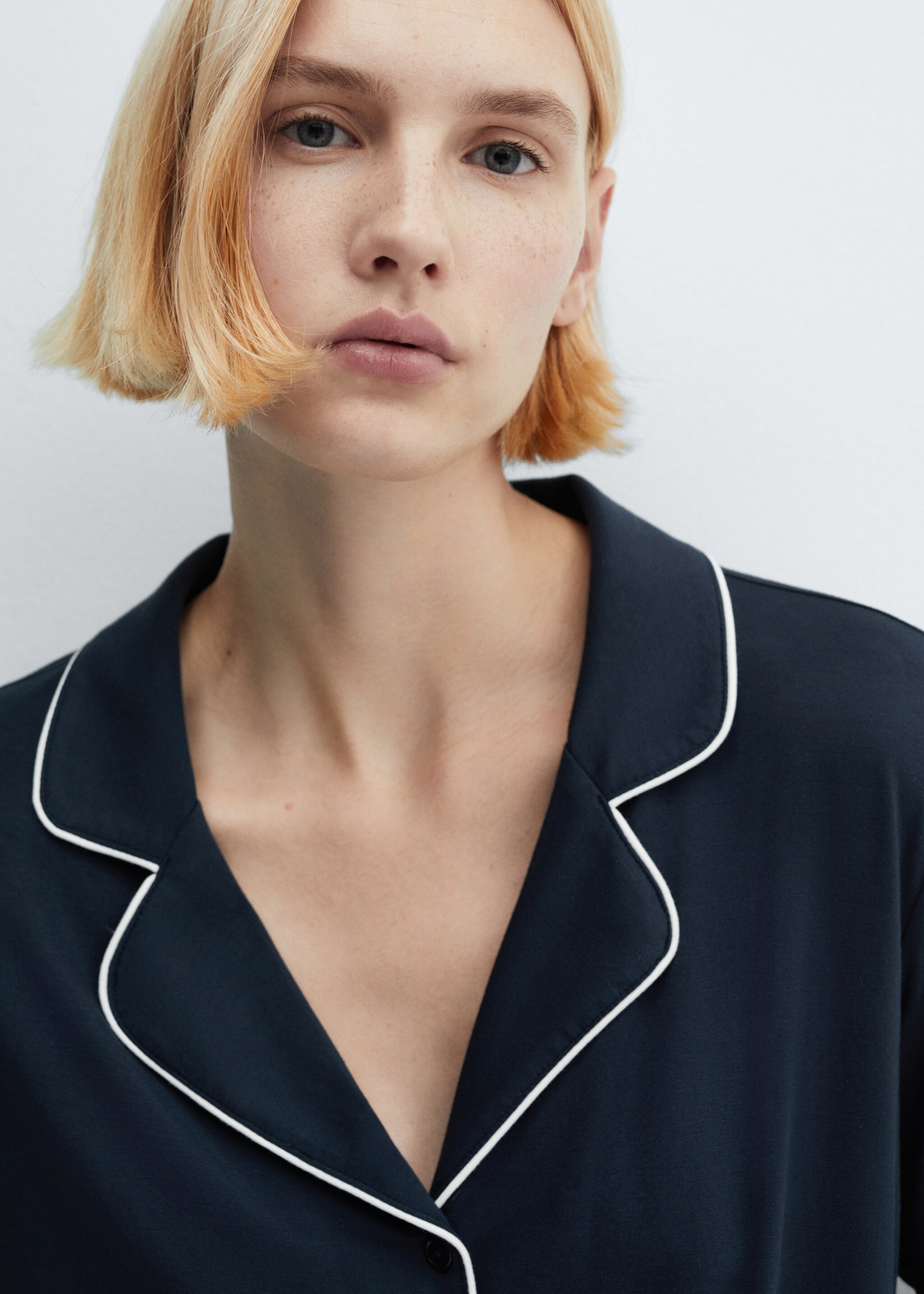 Pyjama shirt with trim - Details of the article 1, Dark Navy. Ref: 67054020-00.