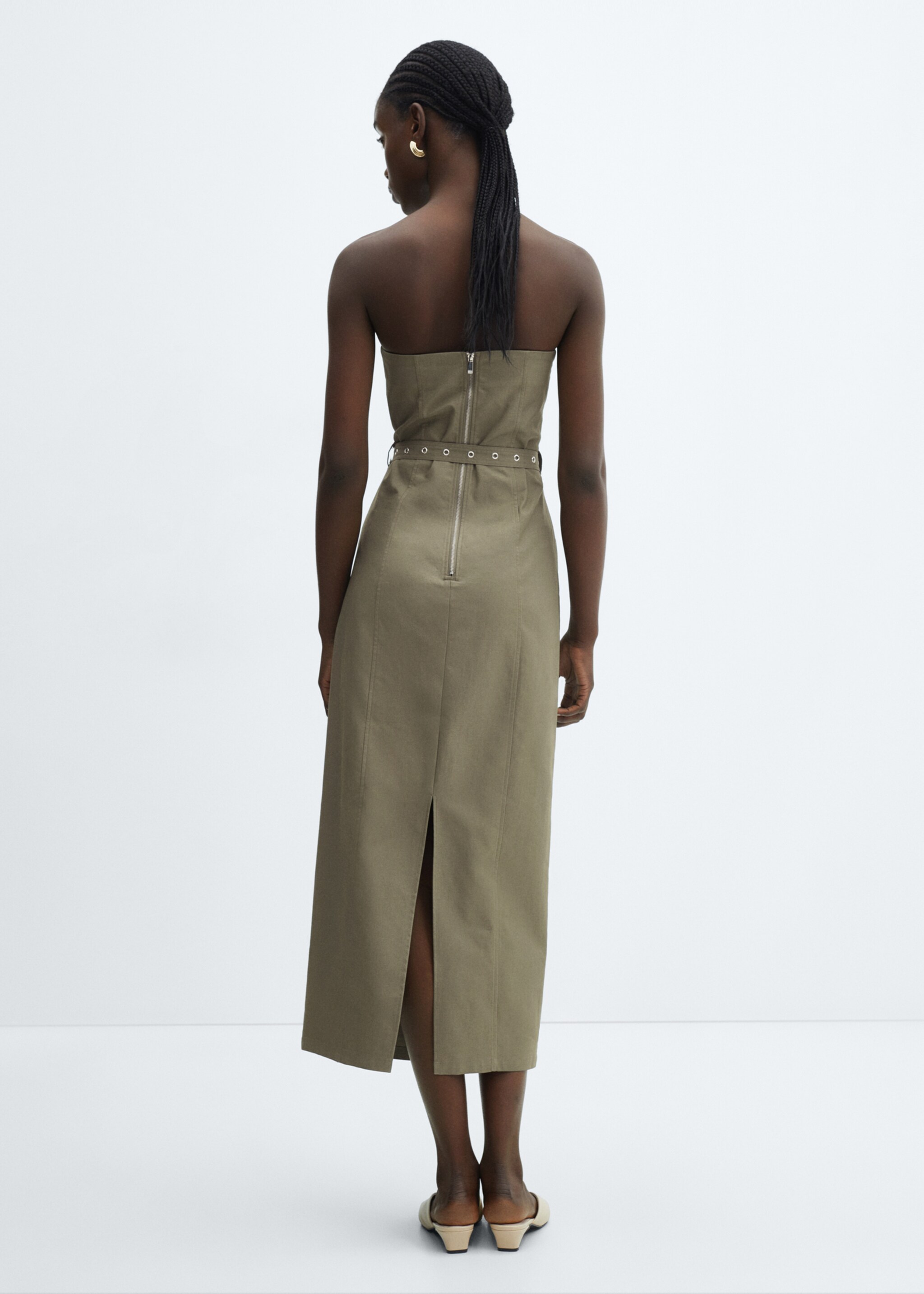 Belted strapless dress - Reverse of the article, Khaki. Ref: 67055737-00.