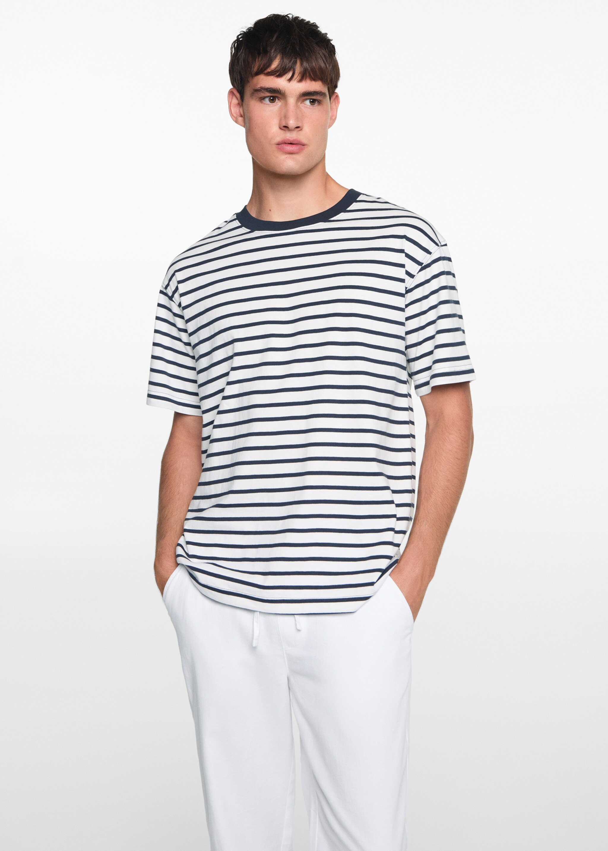 Linen-blend elastic waist trousers - Medium plane, White. Ref: 67056015-00.