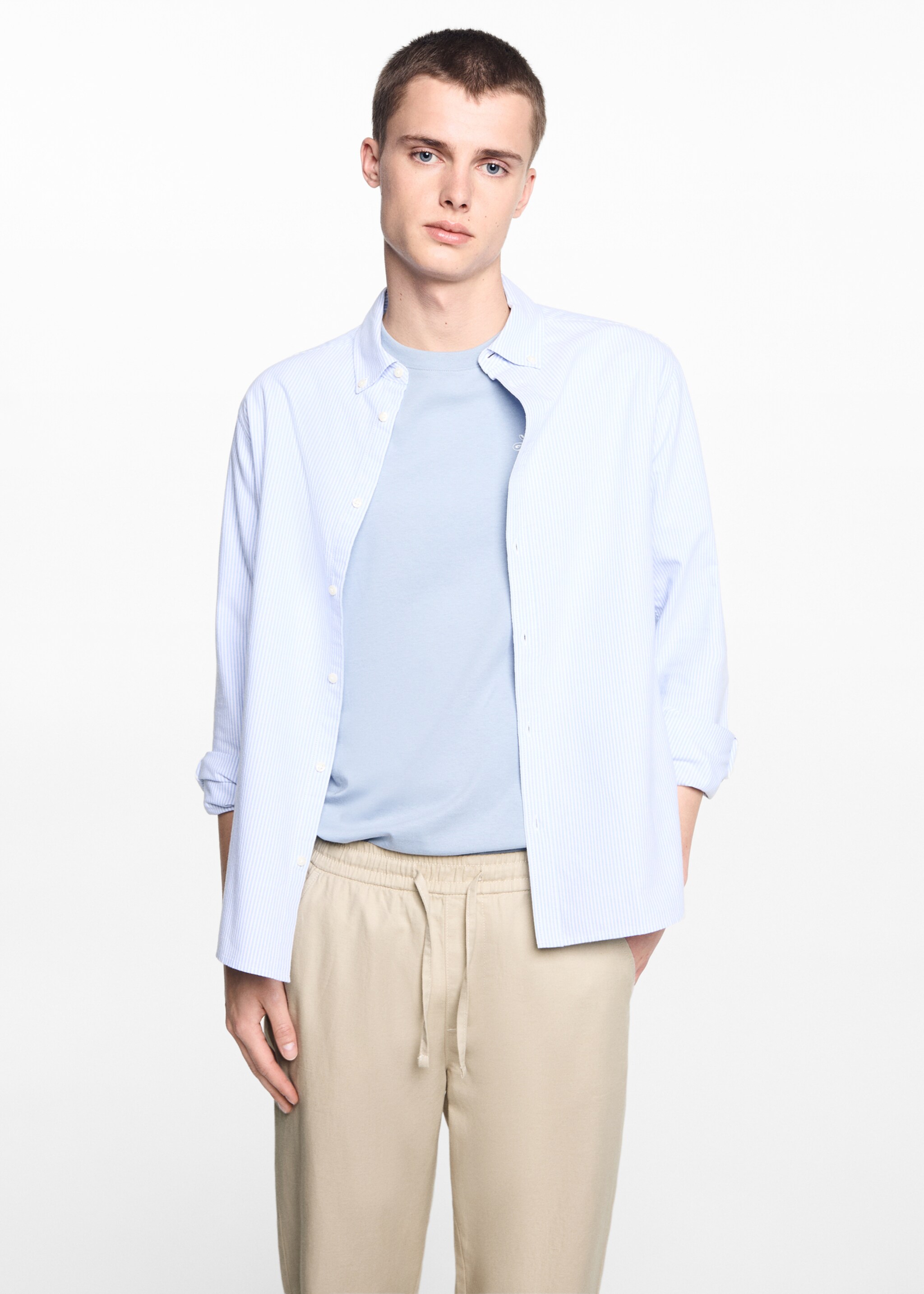 Linen-blend elastic waist trousers - Medium plane, Sand. Ref: 67056015-00.