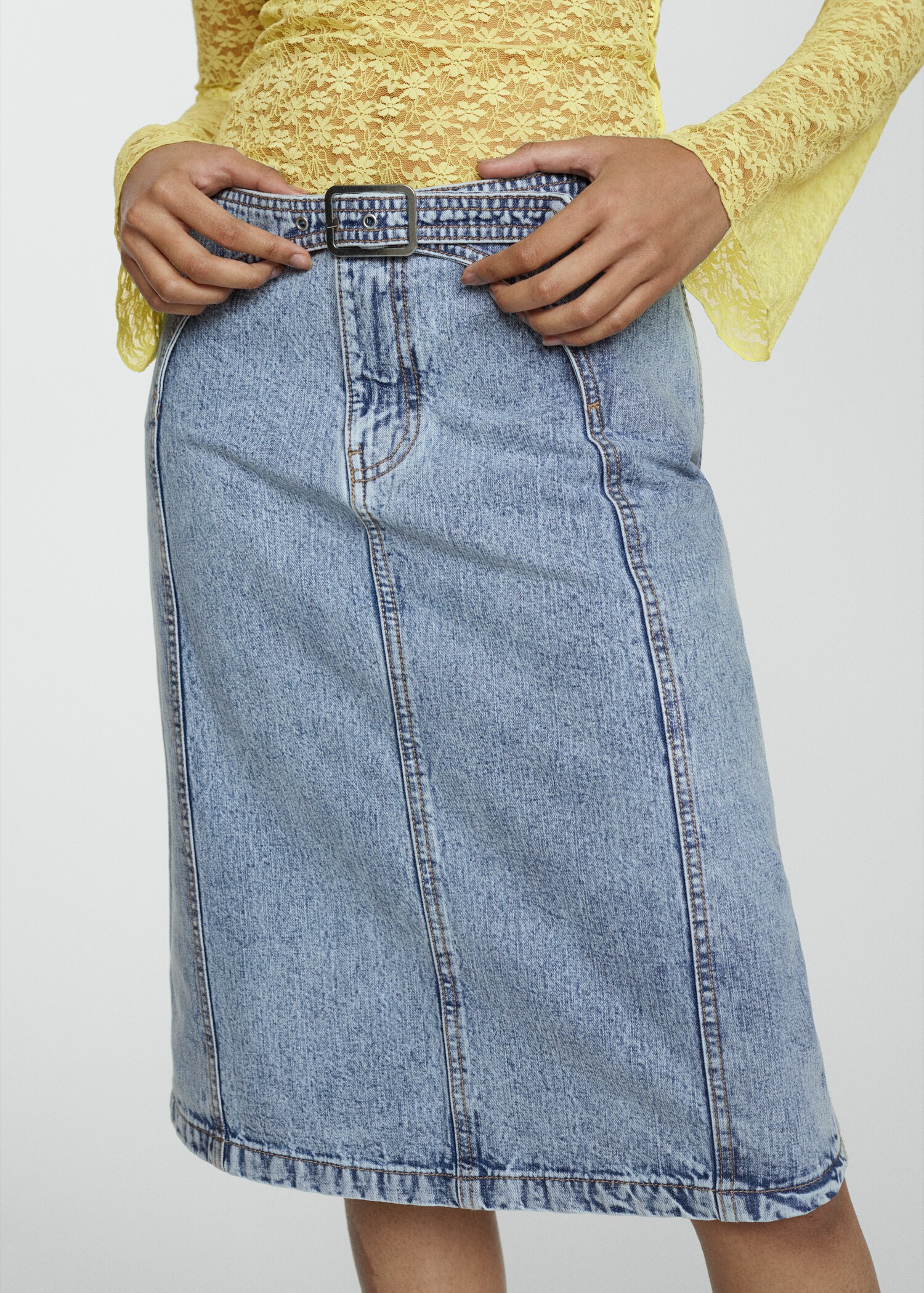 Denim midi-skirt with belt - Medium plane