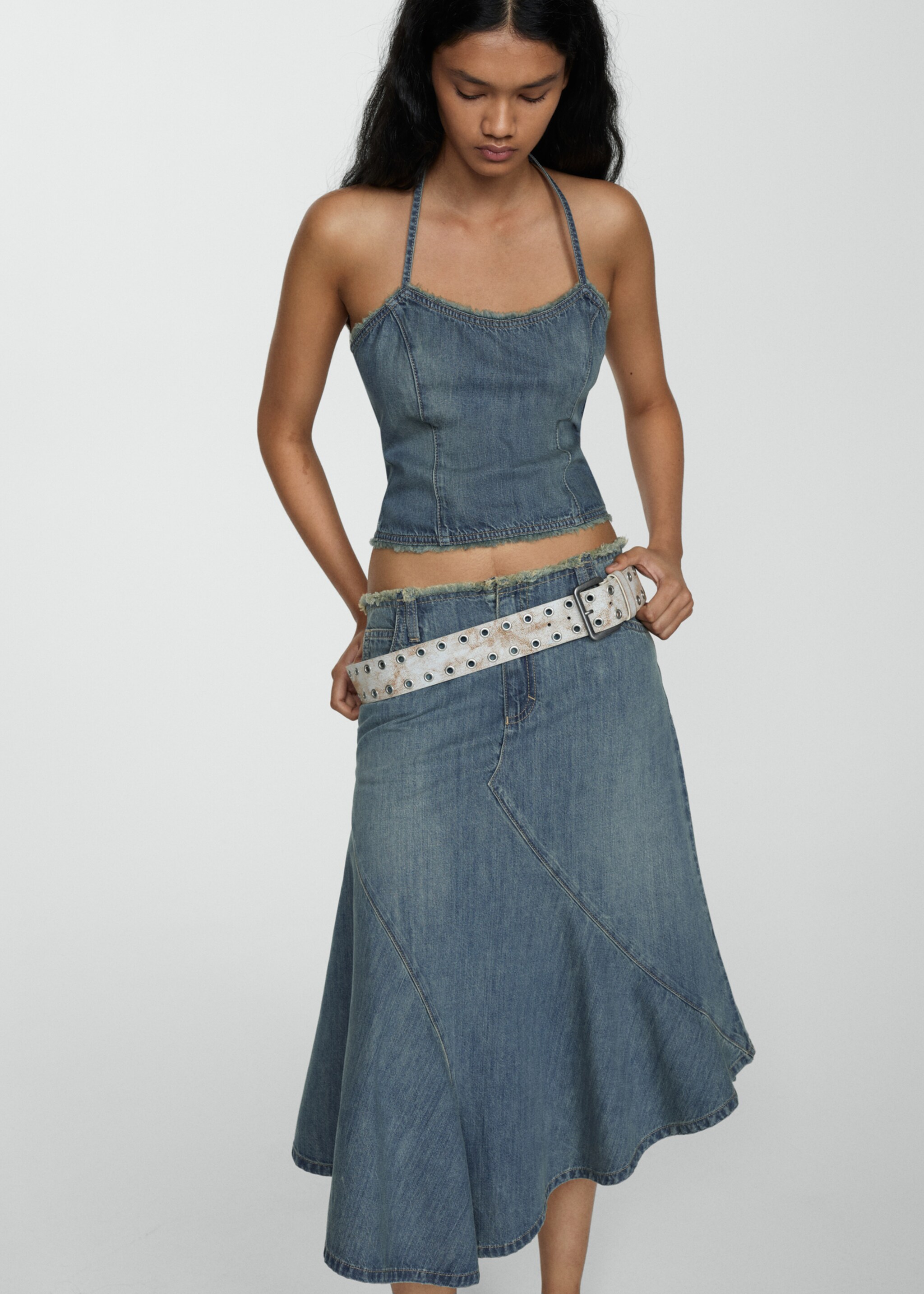 Asymmetrical frayed denim skirt - Details of the article 1, Blue. Ref: 67057921-00.