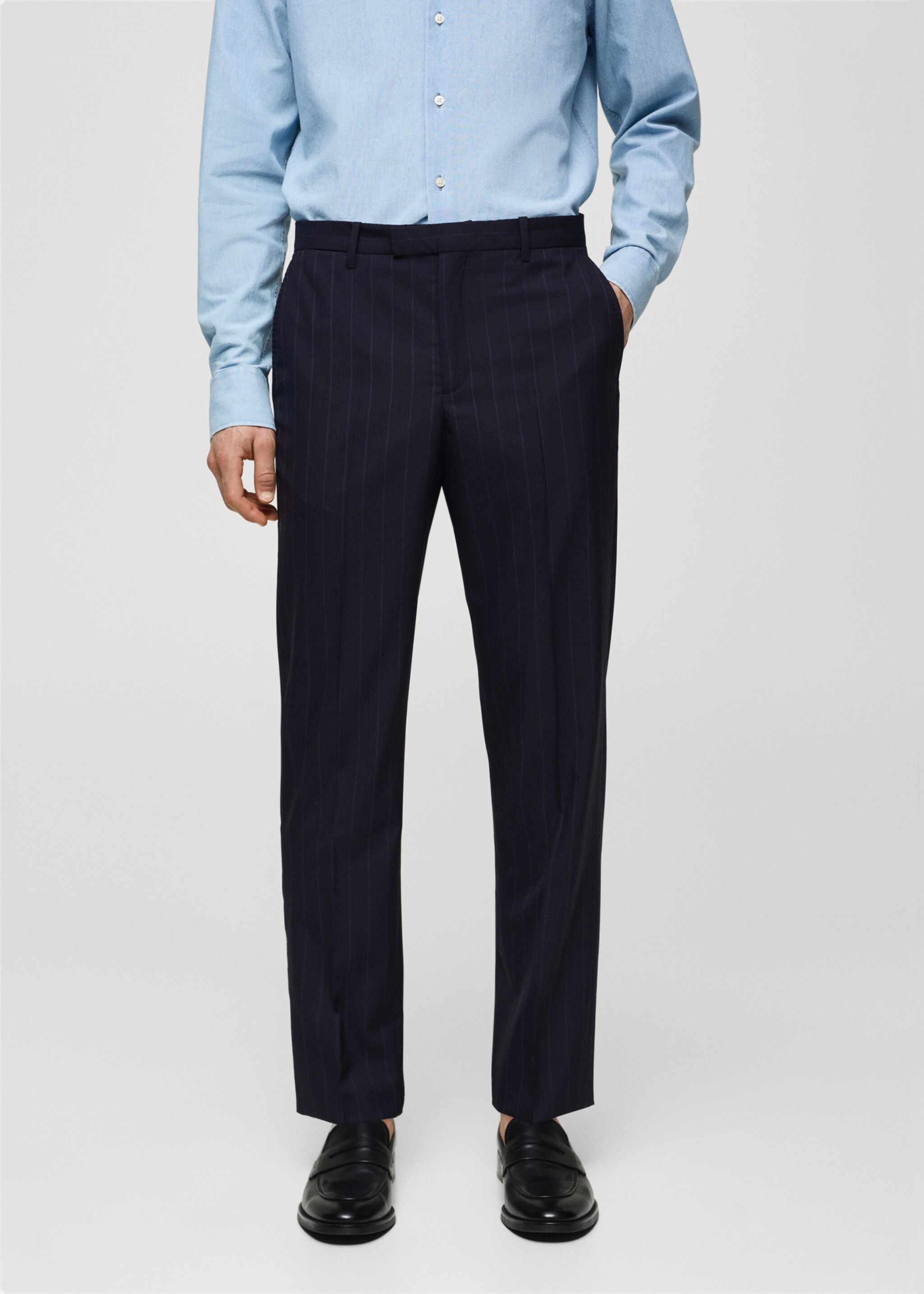 Pinstripe virgin wool suit trousers - Medium plane, Dark Navy. Ref: 67058268-00.