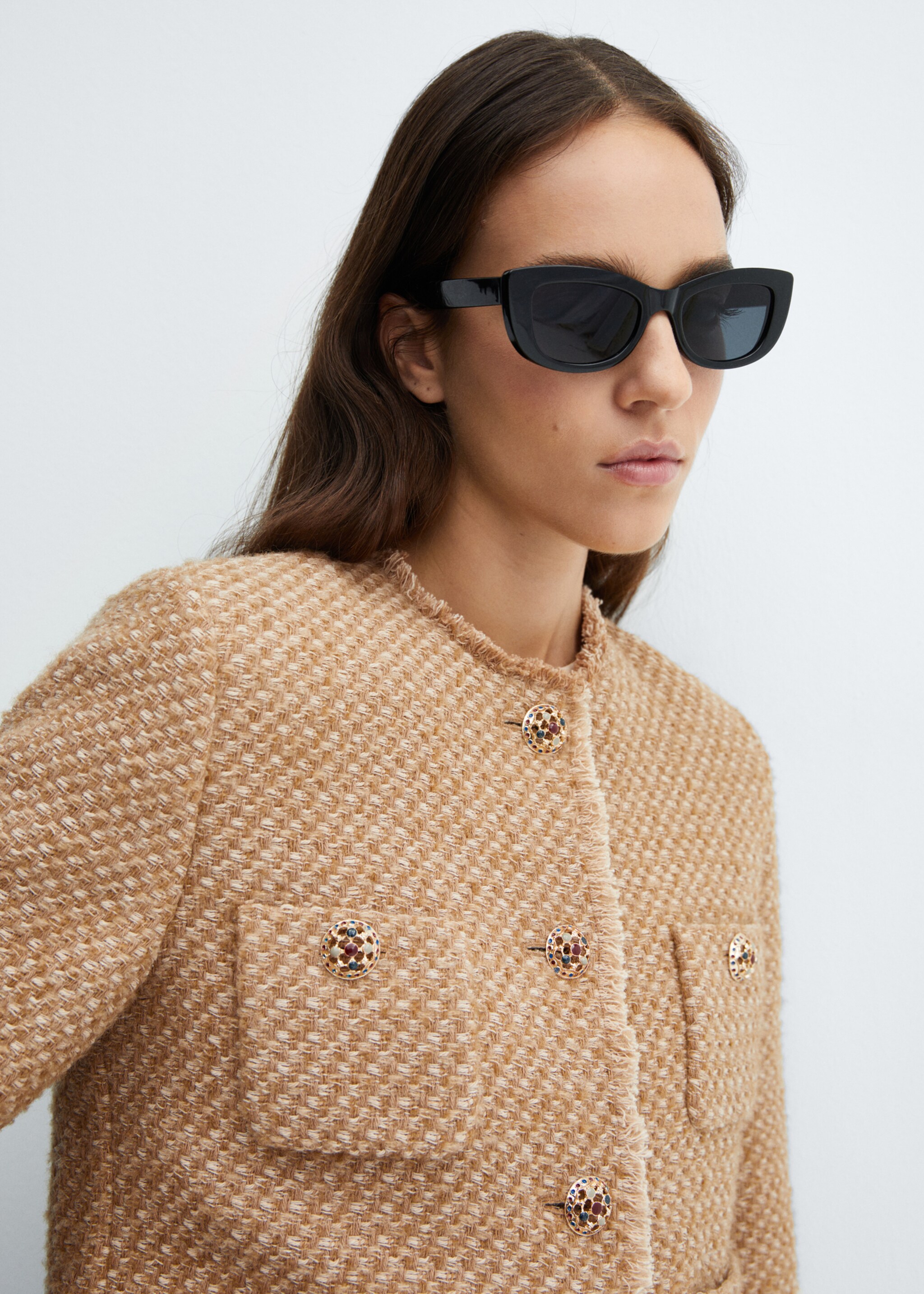 Tweed jacket with jewel buttons - Details of the article 1, Beige. Ref: 67060483-00.