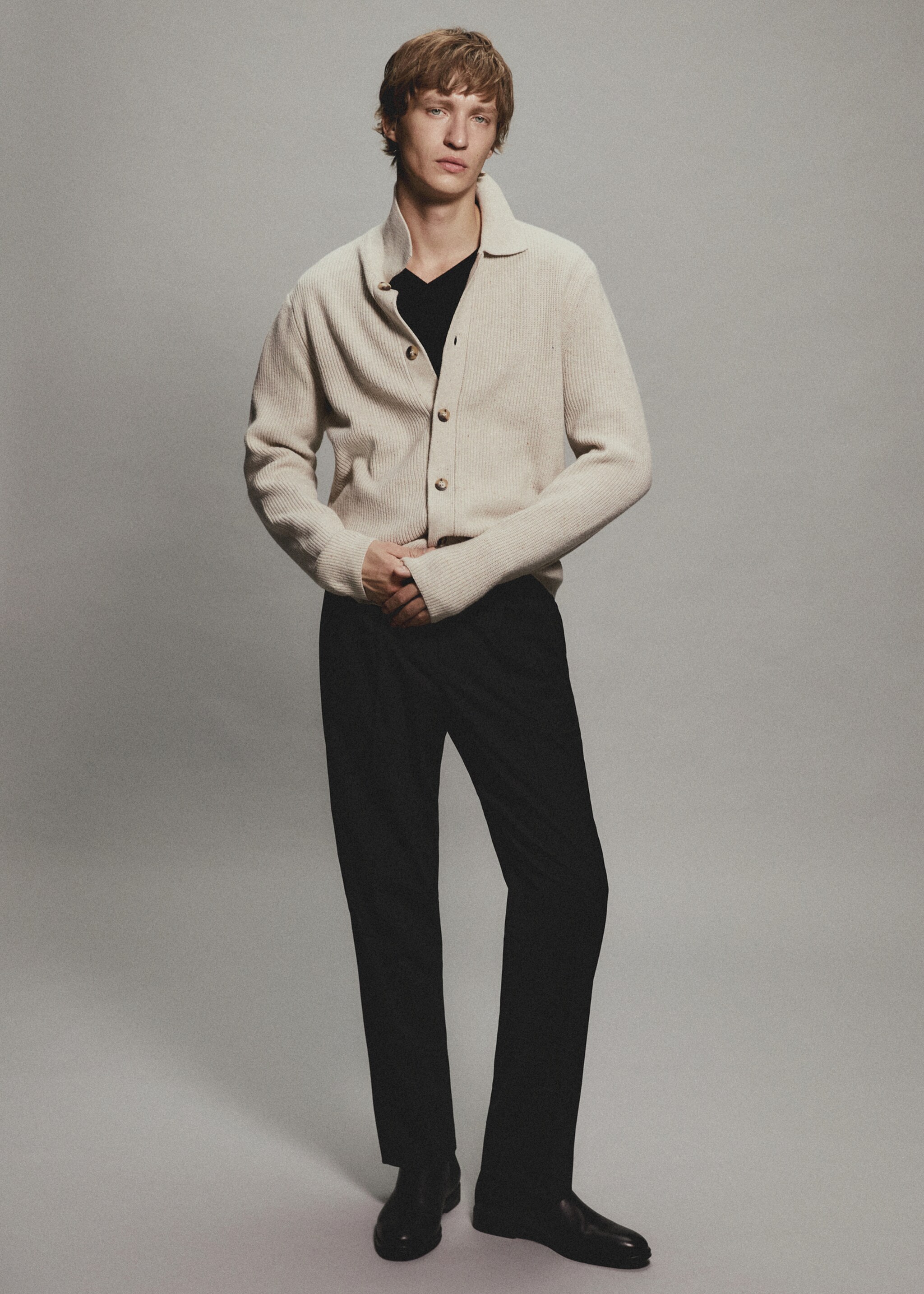 Buttoned ribbed cardigan - Details of the article 5, Light/Pastel Grey. Ref: 67060643-00.