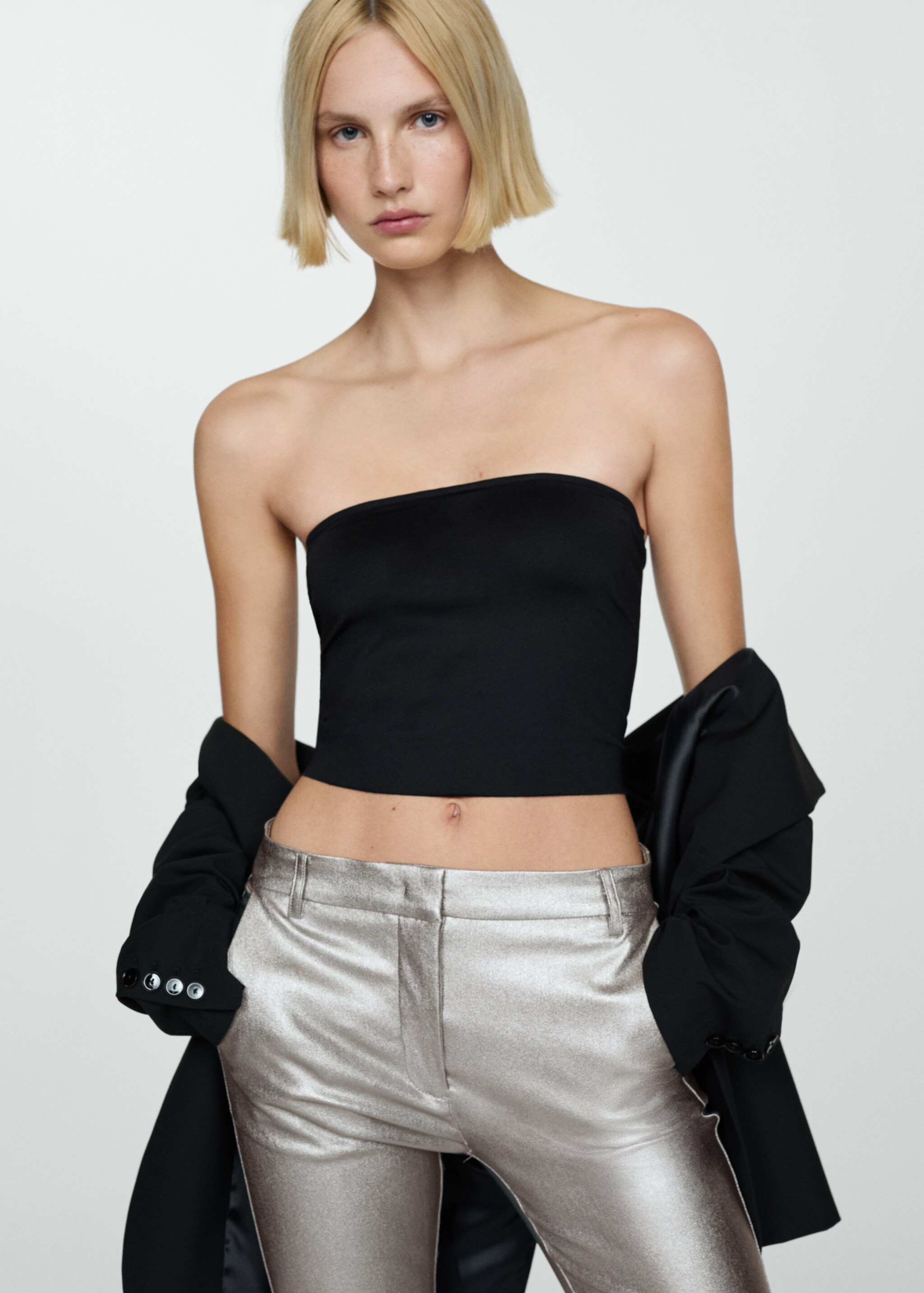 Pantalón flare metalizado - Detalle del artículo 1, Plata. Ref: 67064790-00.