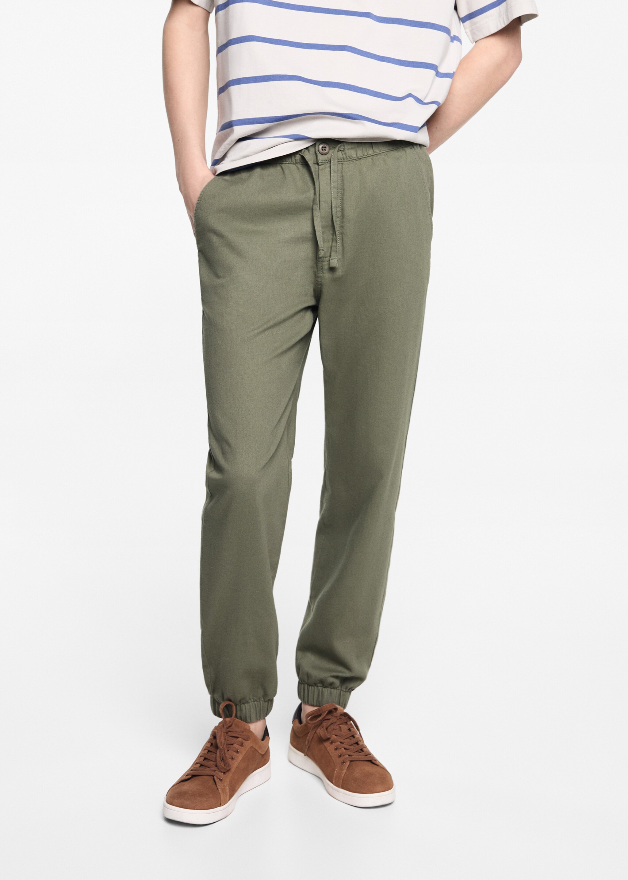 Linen jogger trousers - Details of the article 6, Khaki. Ref: 67066028-00.