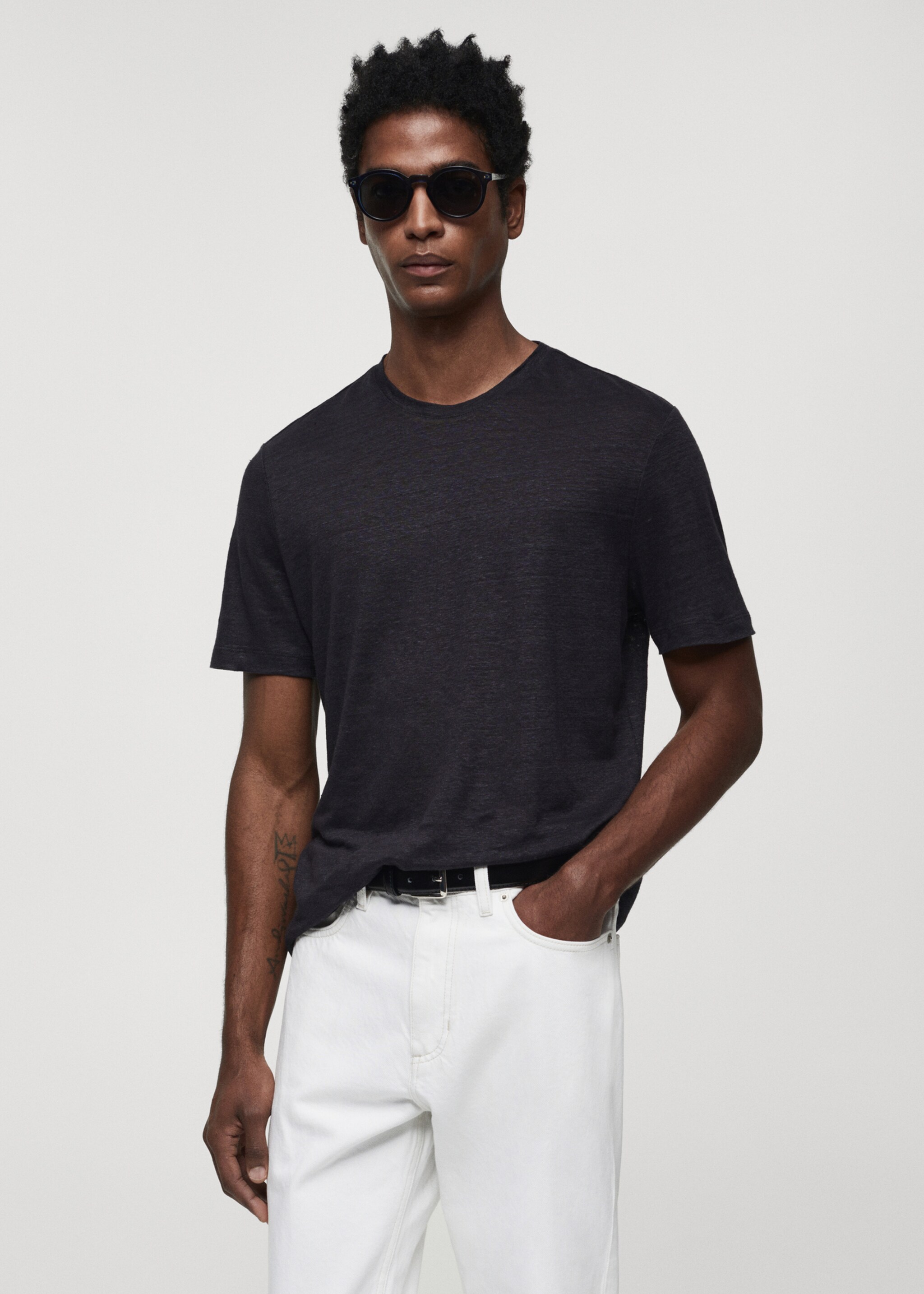 Slim-fit 100% linen t-shirt - Medium plane, Dark Navy. Ref: 67066315-00.
