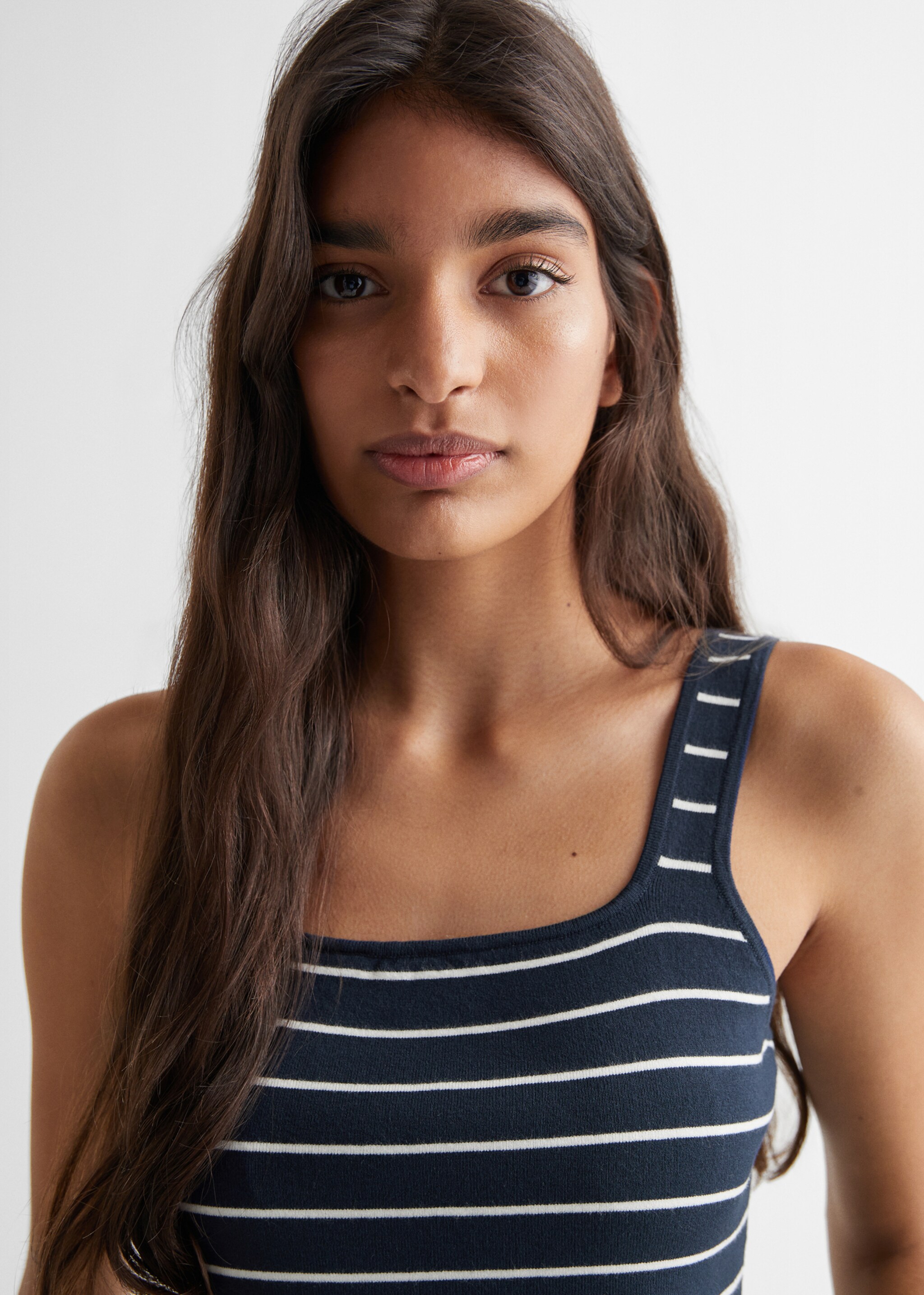 Striped strapless top - Details of the article 1, Dark Navy. Ref: 67066731-00.