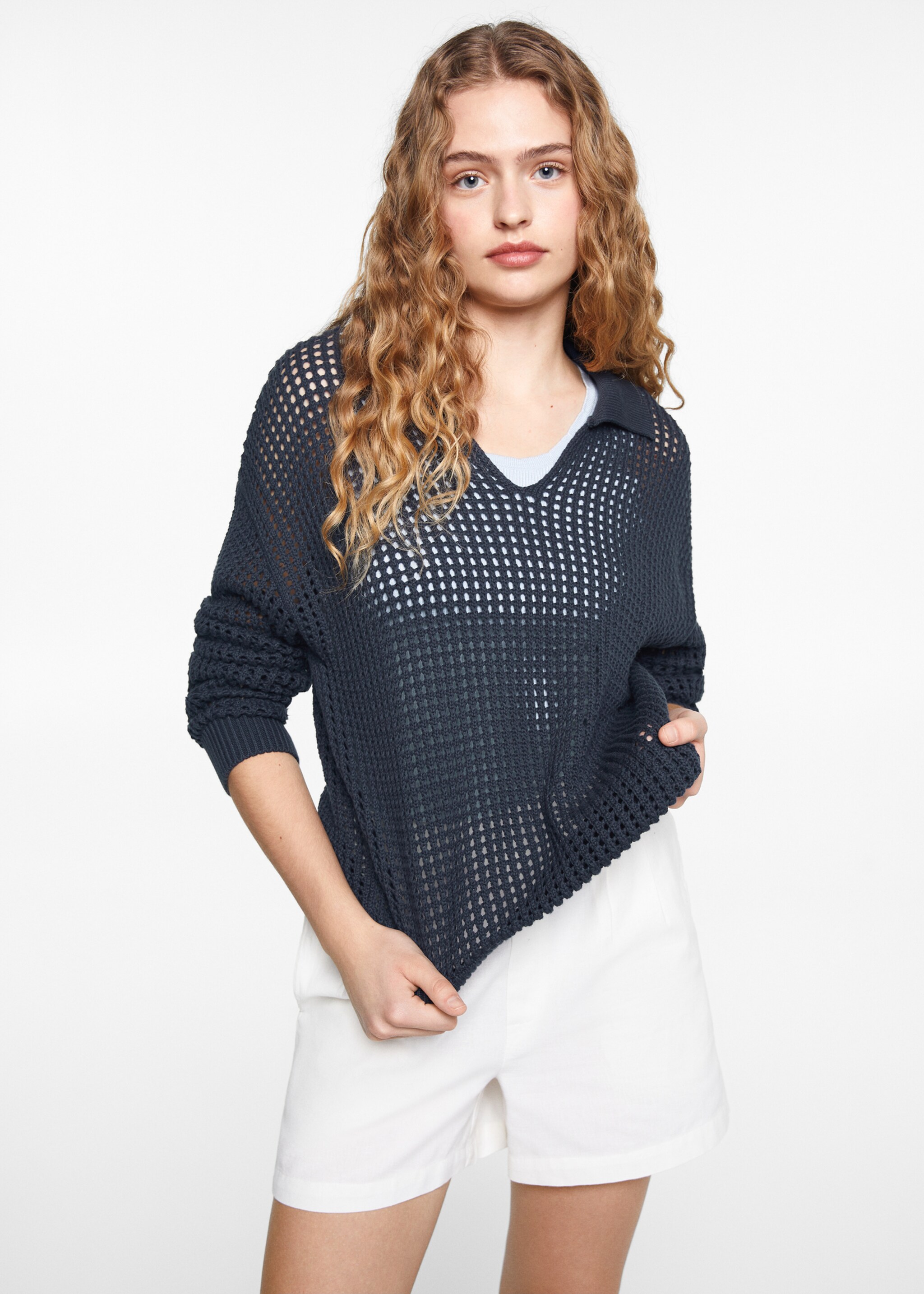 Openwork knitted polo-neck sweater - Medium plane, Dark Navy. Ref: 67066733-00.