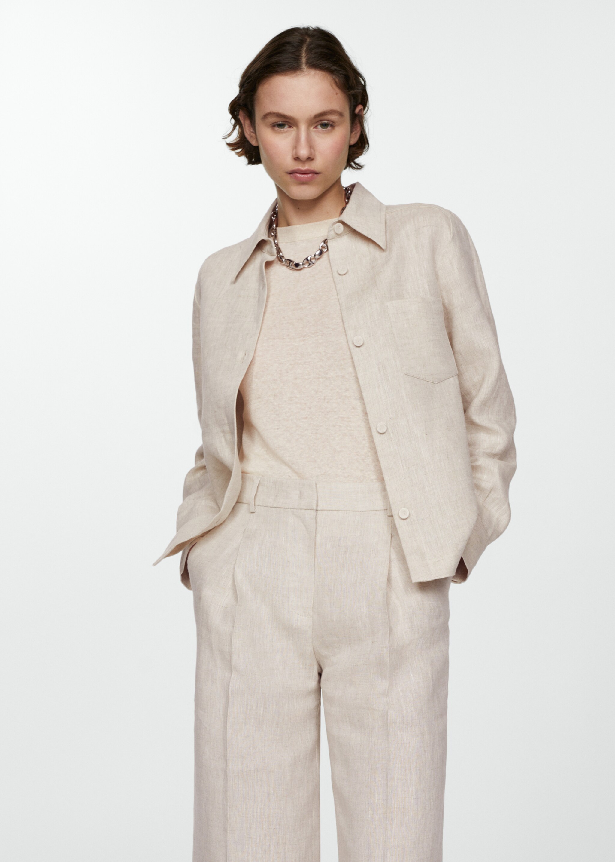 Straight linen-blend trousers - Details of the article 1, Light/Pastel Grey. Ref: 67067142-00.