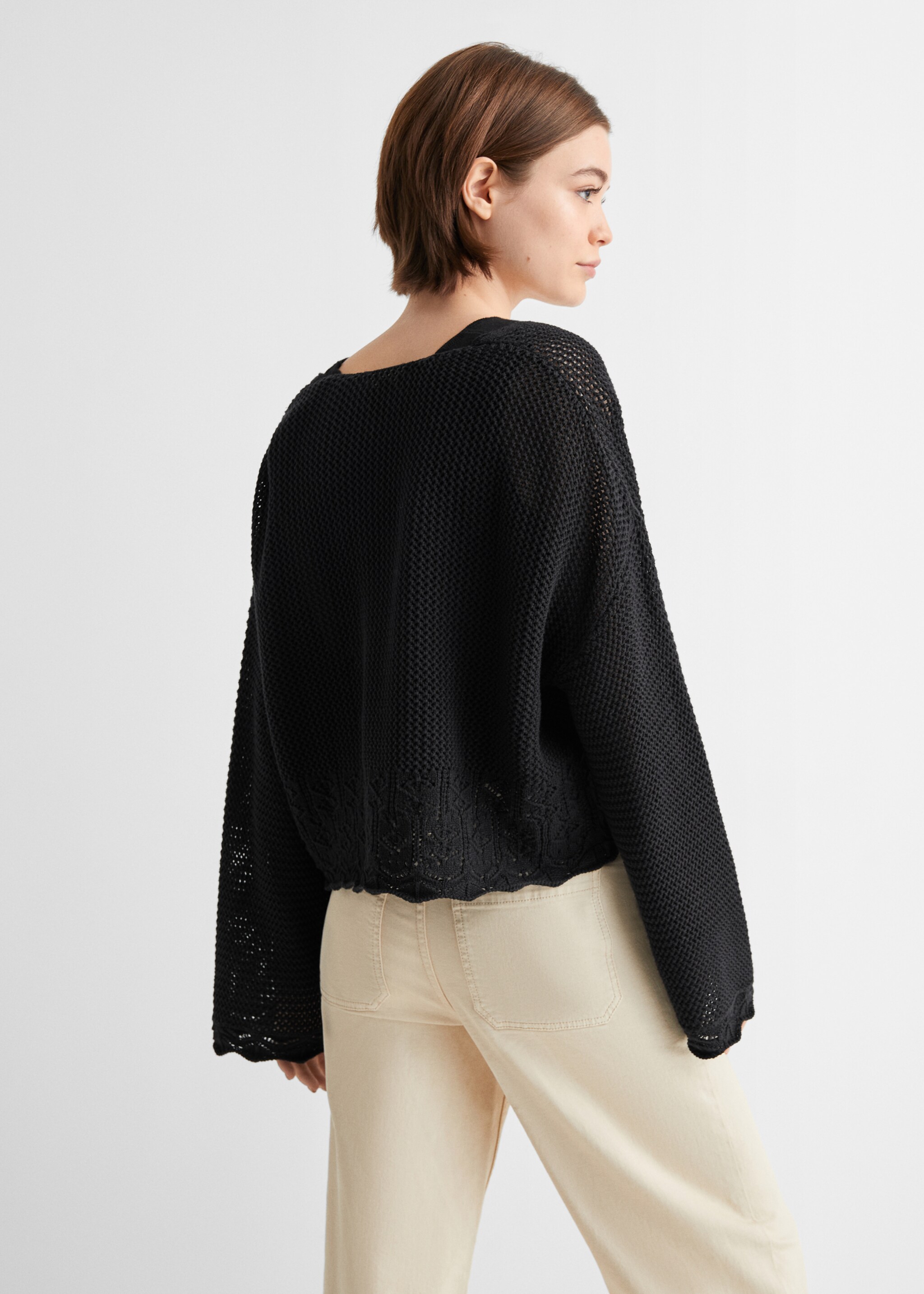 V-neck openwork knitted sweater - Reverse of the article, Black. Ref: 67075146-00.