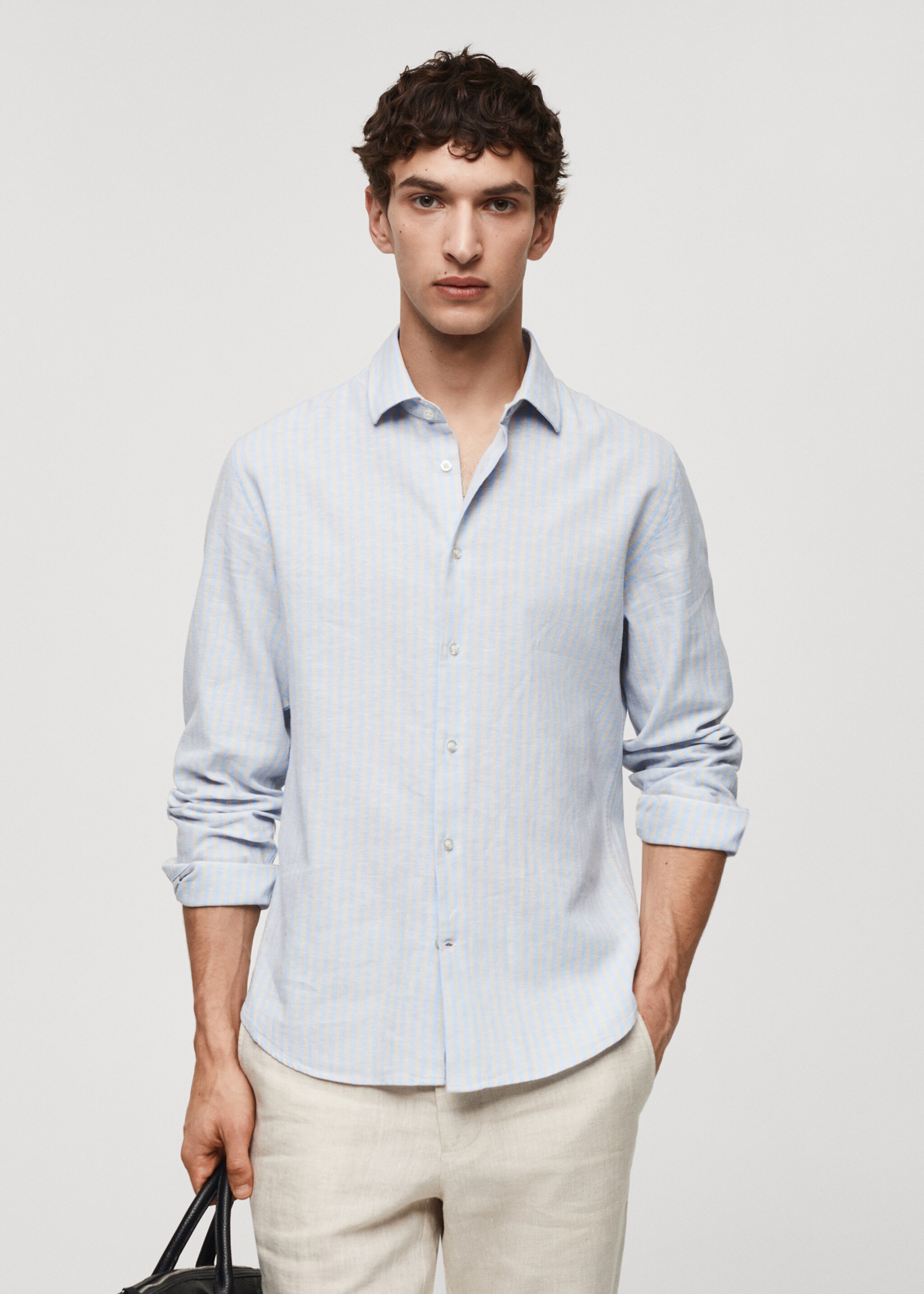 Camisa regular fit lino rayas - Plano medio, Beige. Ref: 67076726-00.