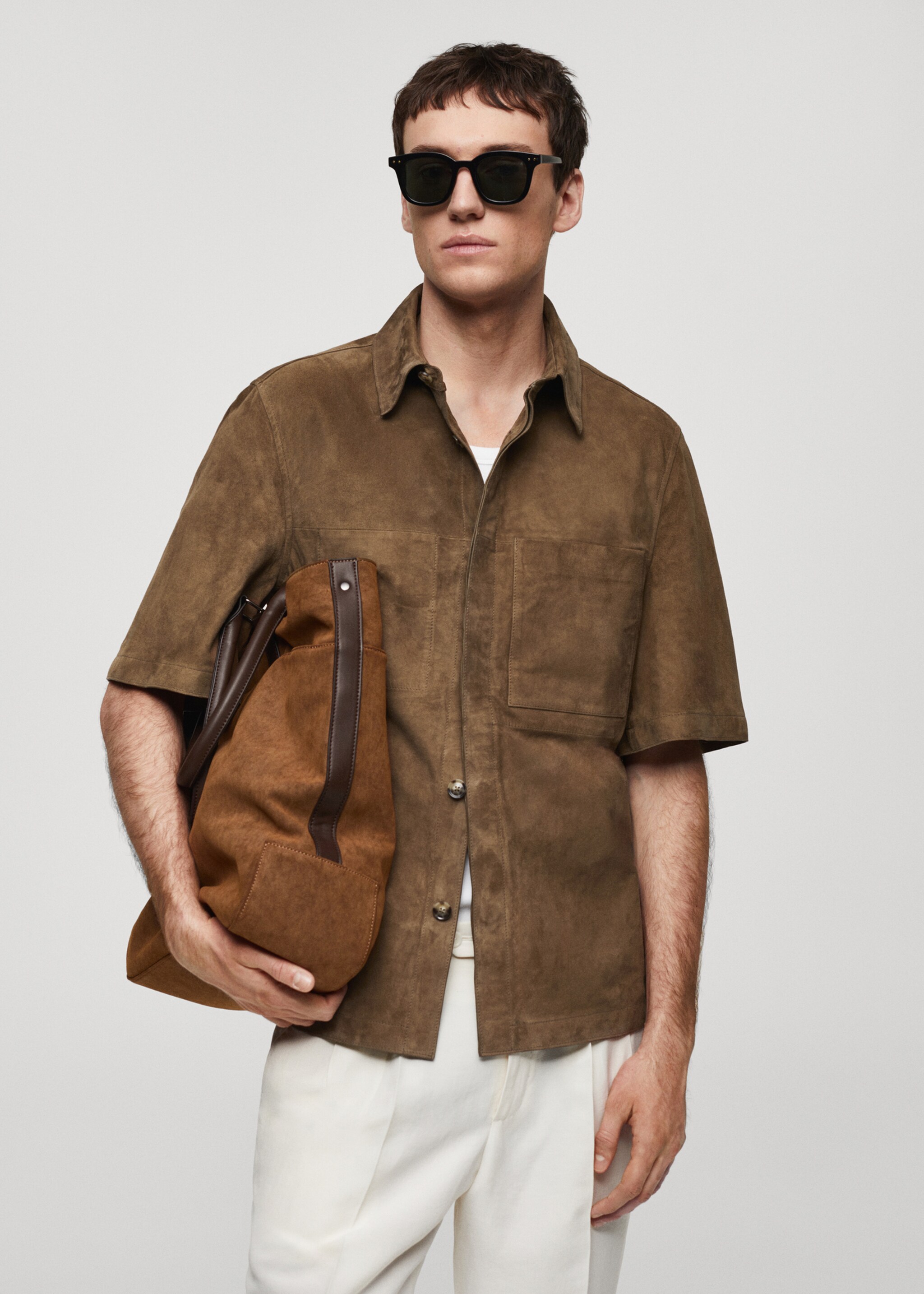 Overshirt with 100% suede leather pocket - Medium plane, Brown. Ref: 67077906-00.