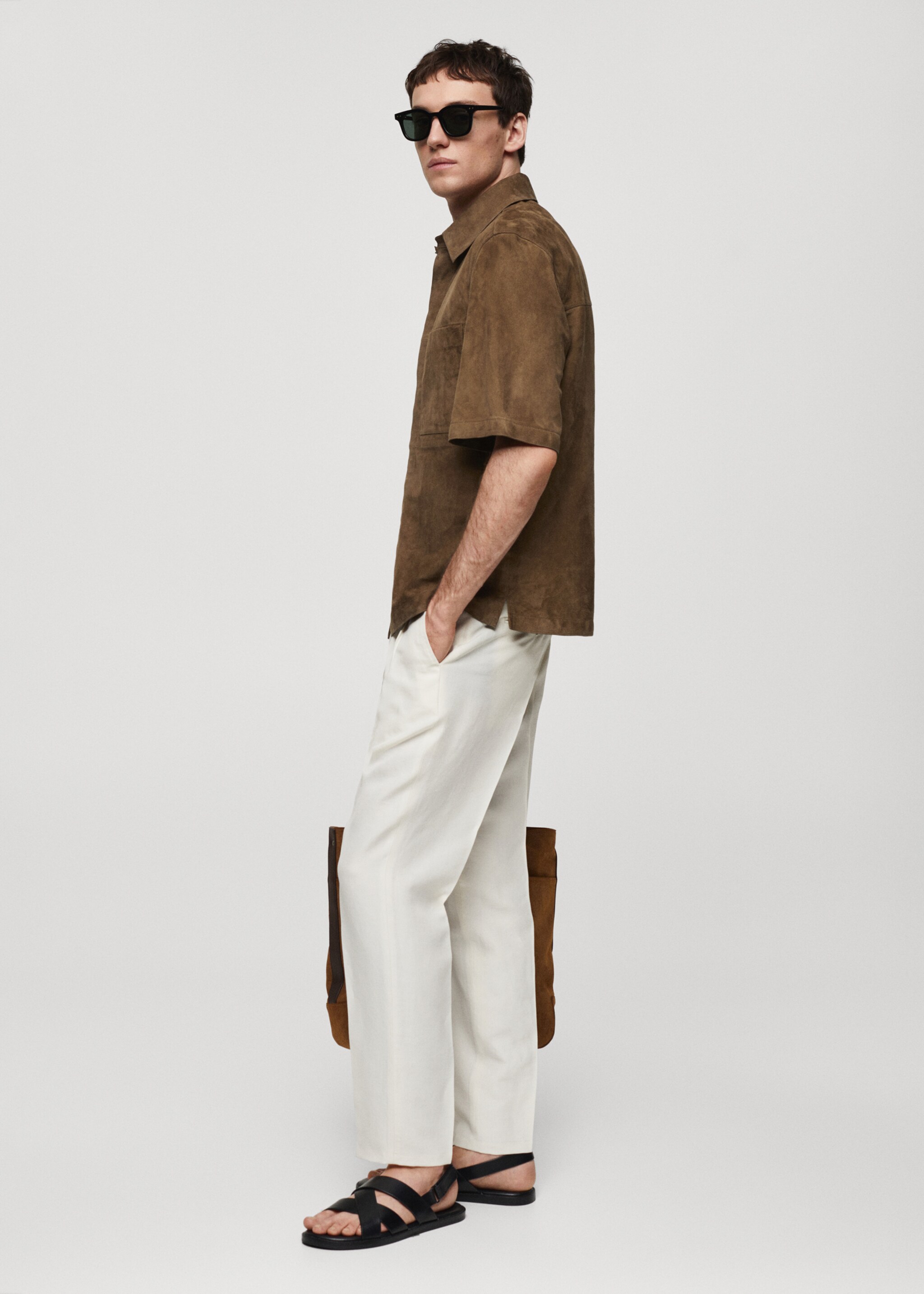 Overshirt with 100% suede leather pocket - Details of the article 2, Brown. Ref: 67077906-00.