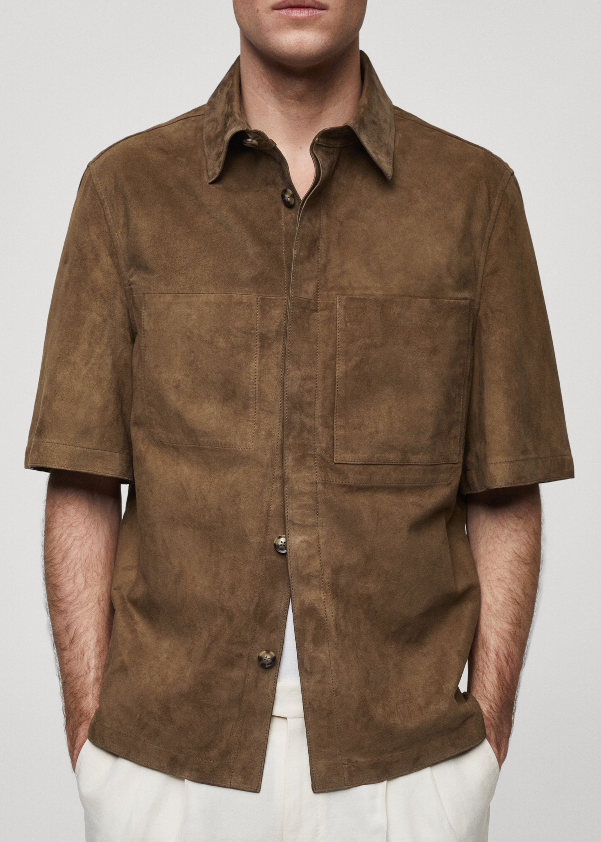 Overshirt with 100% suede leather pocket - Details of the article 4, Brown. Ref: 67077906-00.