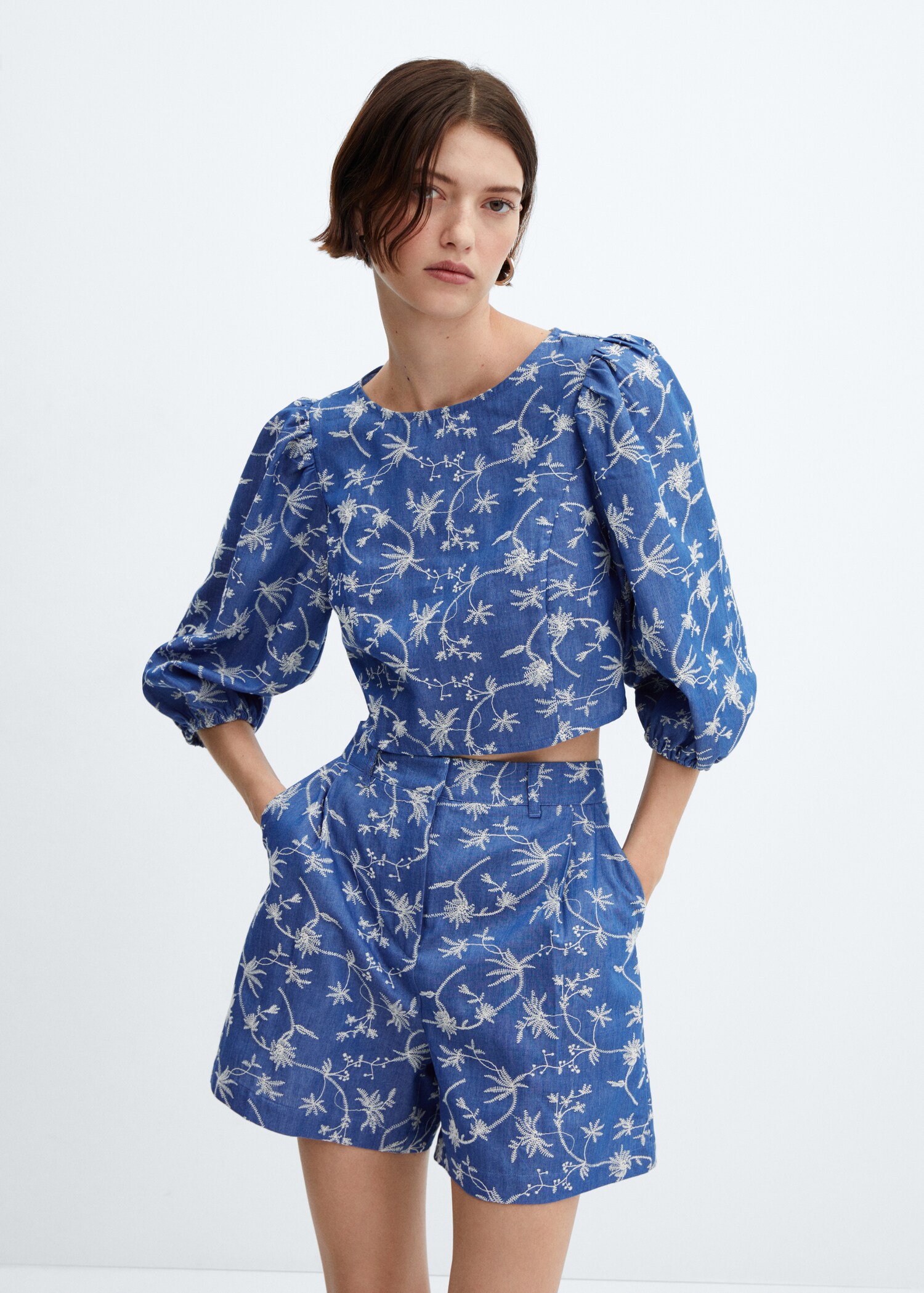 Embroidered puff-sleeve blouse - Medium plane