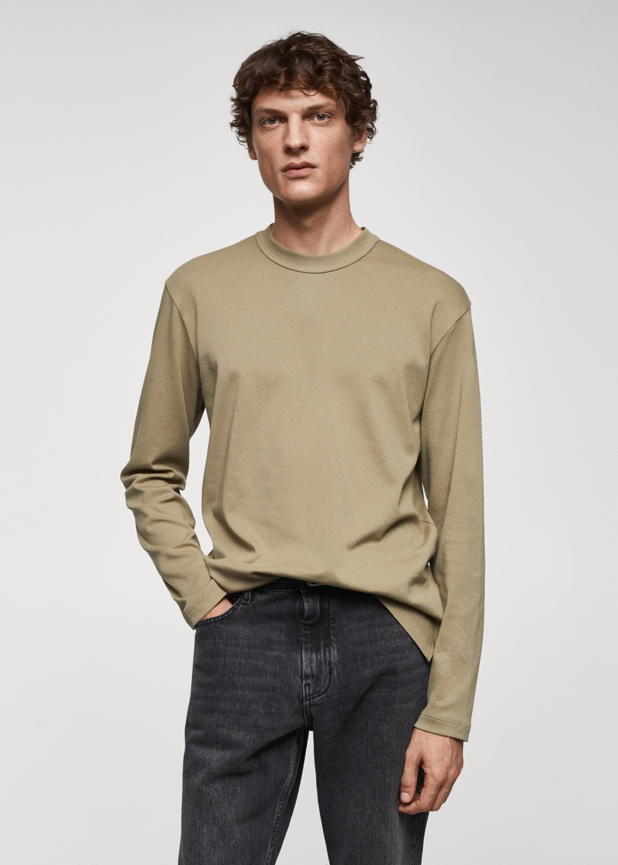 100% cotton long-sleeved t-shirt - Medium plane, Olive Green. Ref: 67080438-00.