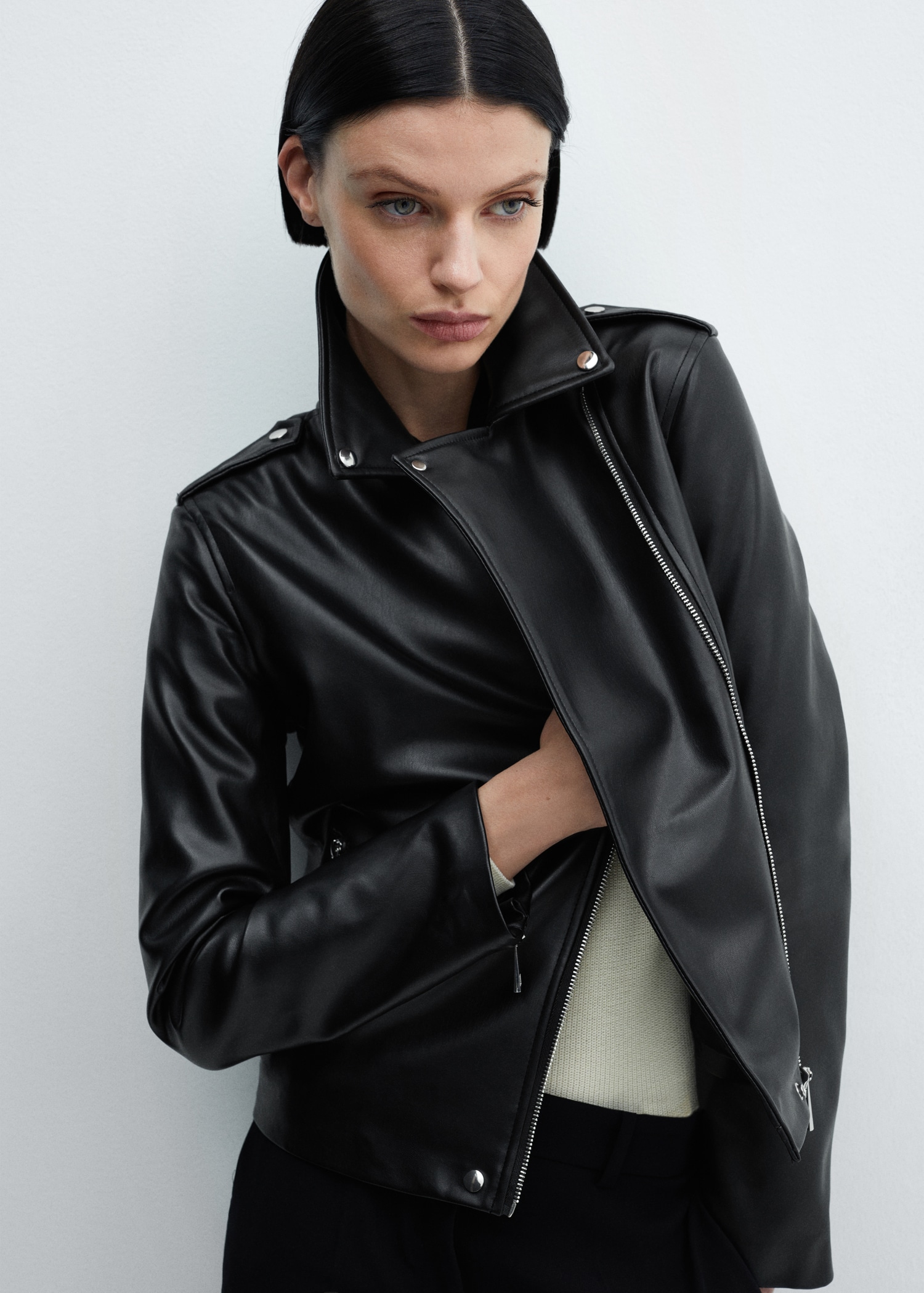 Leather-effect biker jacket Women MANGO OUTLET Hungary