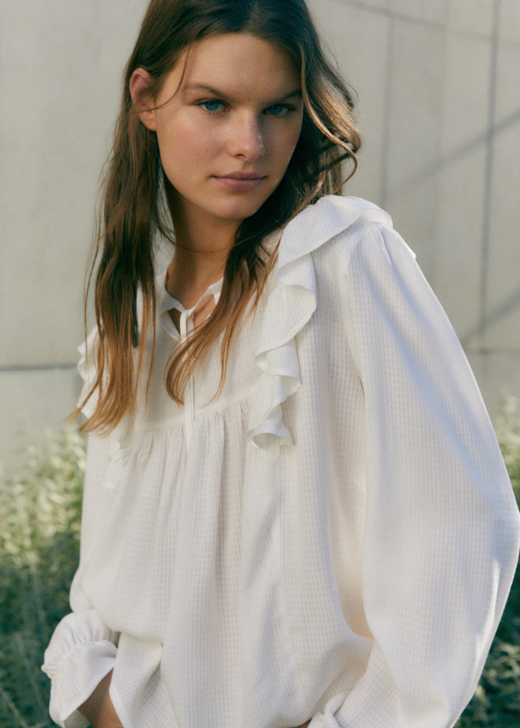 White ruffle sleeve blouse hotsell