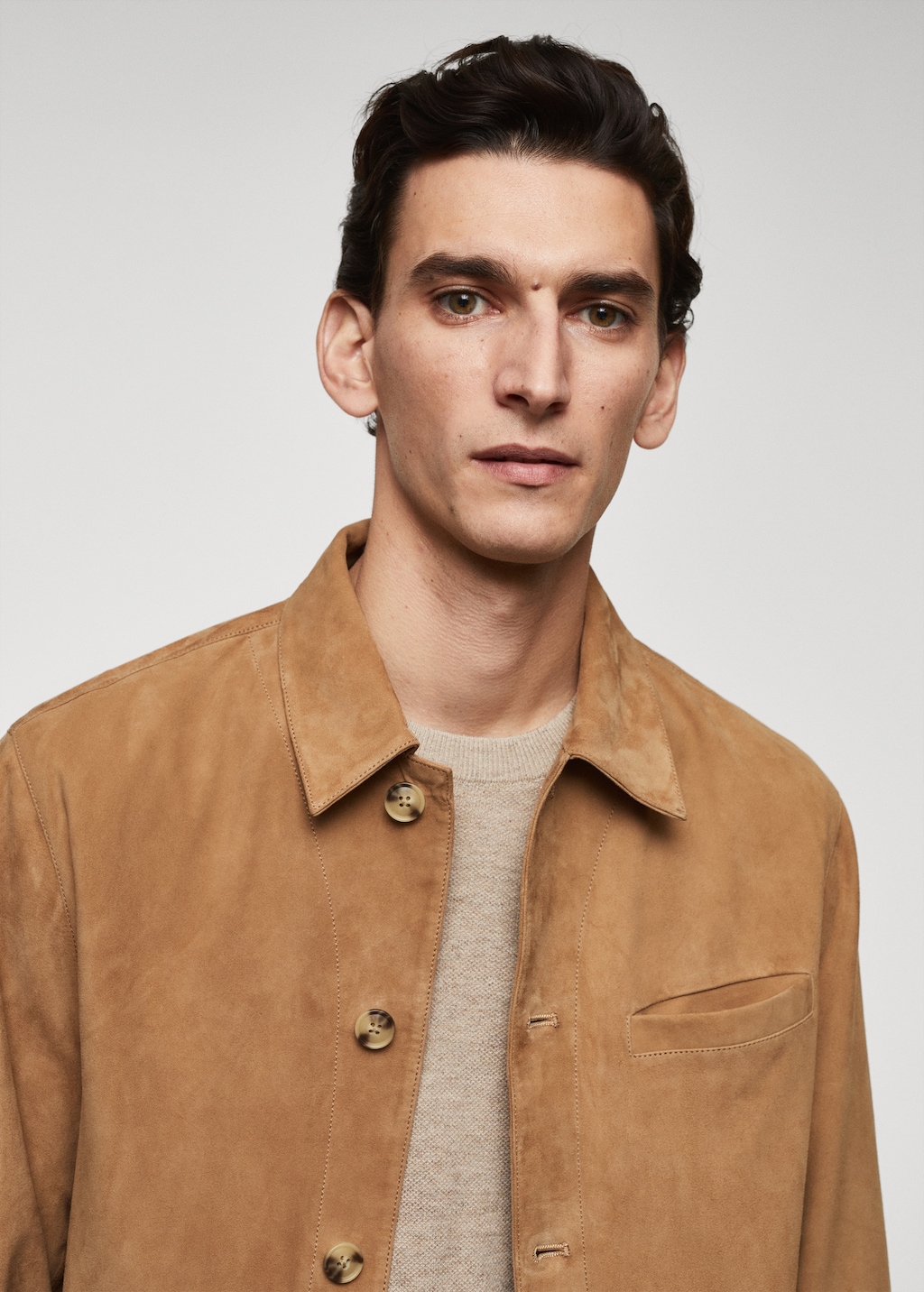 Suede leather overshirt with pocket - Men | MANGO OUTLET USA