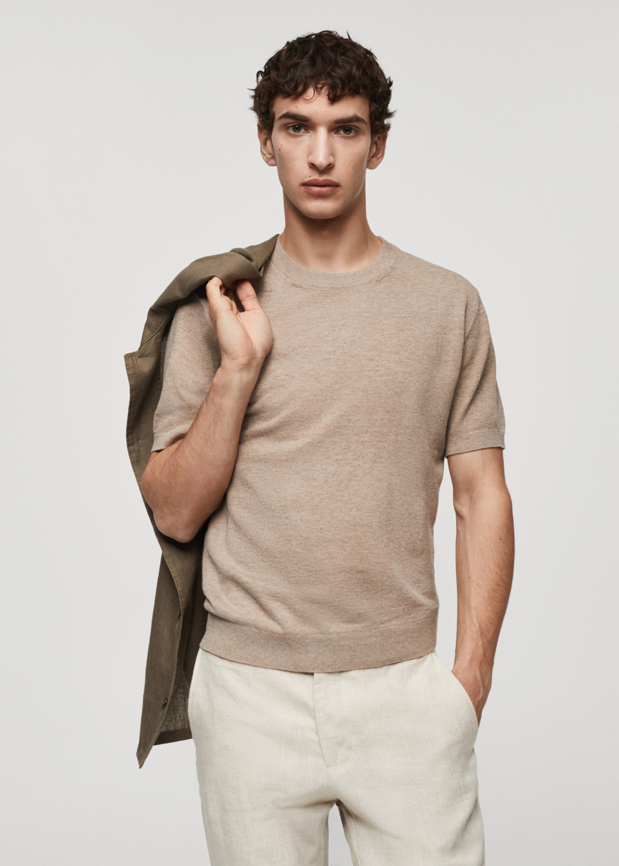 Structured cotton knit t-shirt - Medium plane, Sand. Ref: 67085980-00.