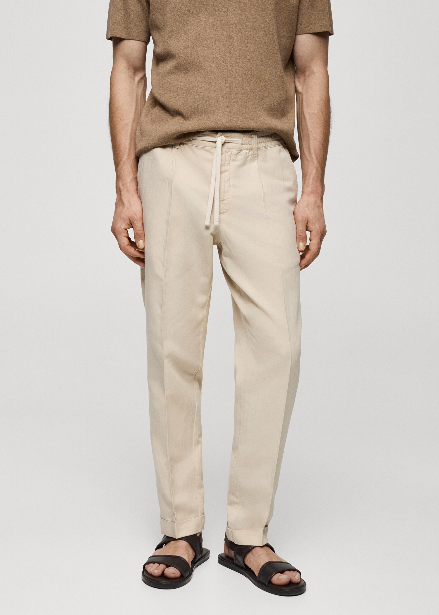 Linen-blend slim-fit trousers with drawstring - Medium plane