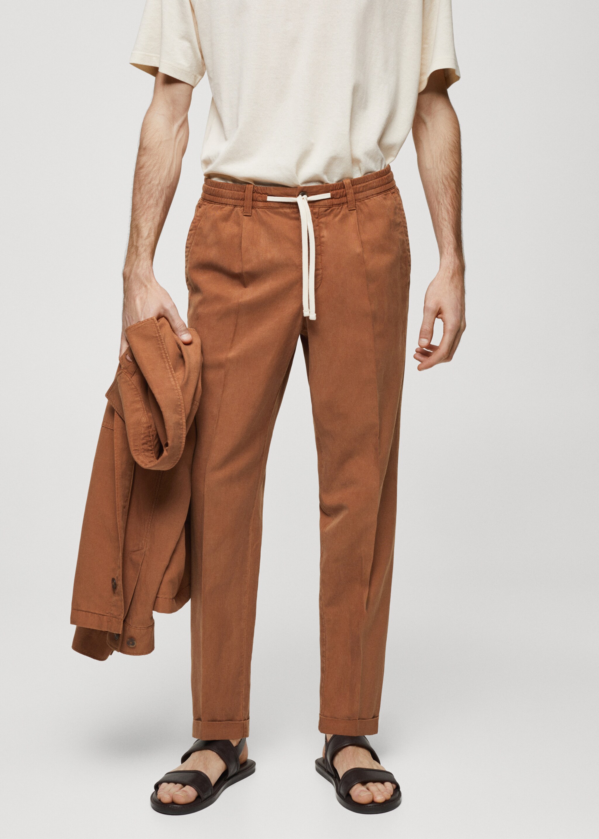 Linen-blend slim-fit trousers with drawstring - Medium plane