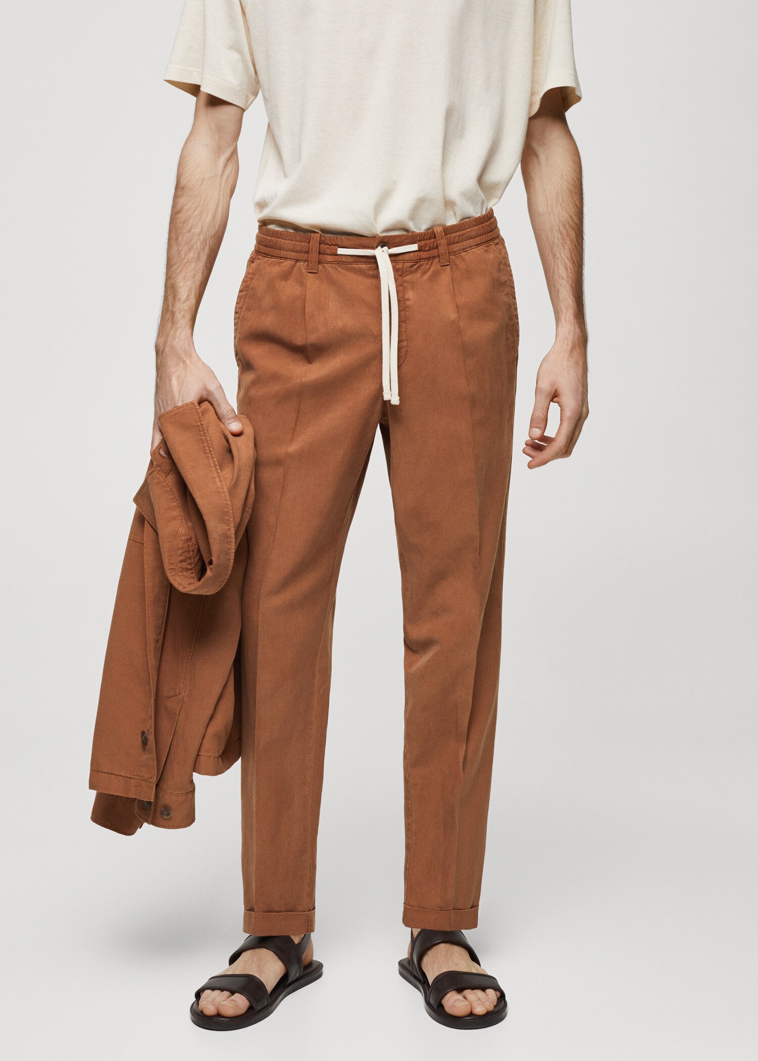 Linen-blend slim-fit trousers with drawstring - Medium plane