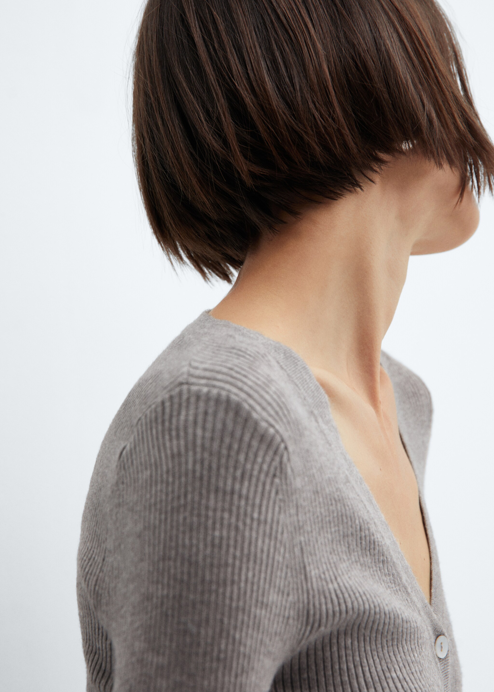 V-neck ribbed cardigan - Details of the article 1, Grey. Ref: 67090459-00.