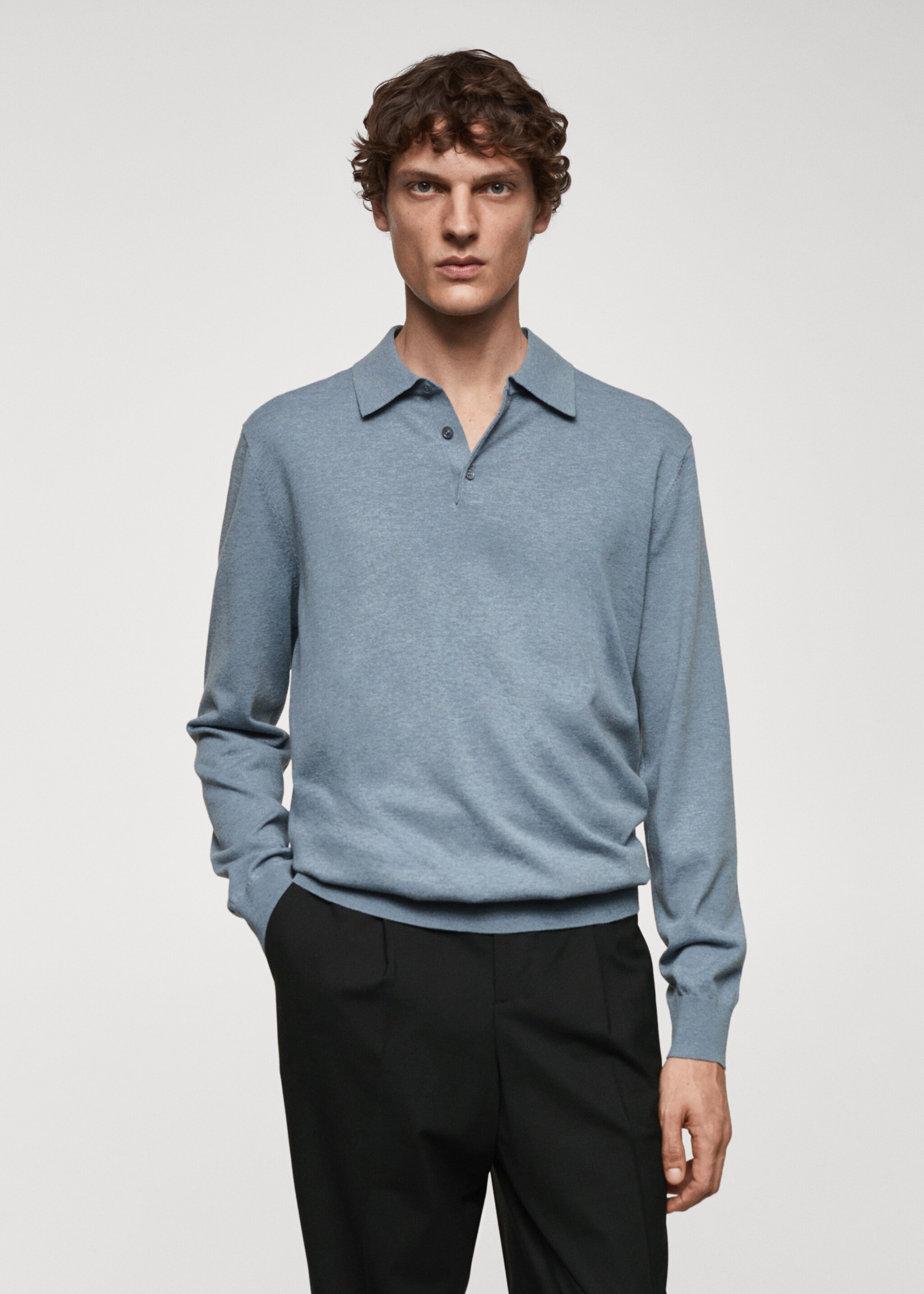 Long-sleeved cotton jersey polo shirt - Medium plane, China Blue. Ref: 67090644-00.