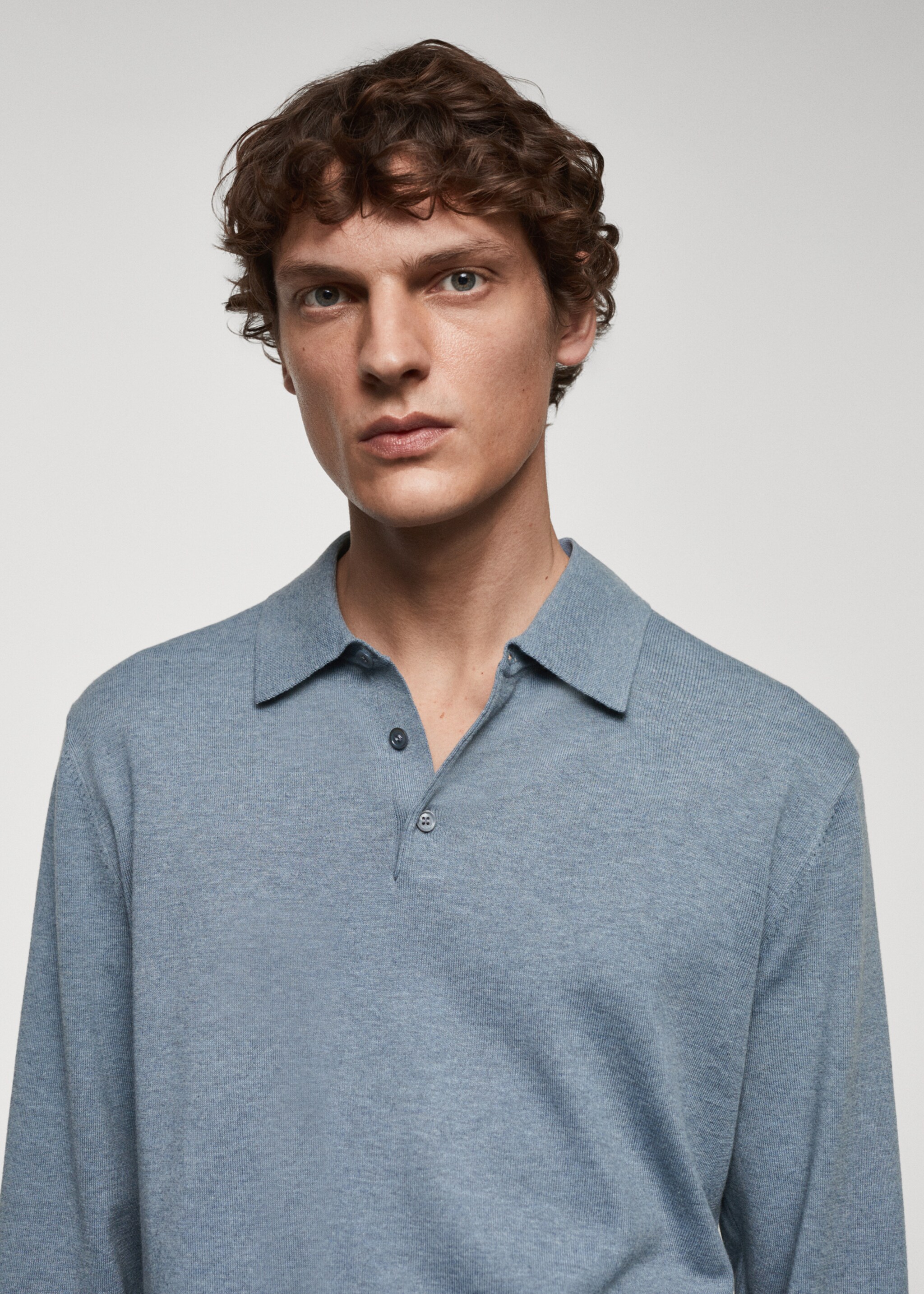 Long-sleeved cotton jersey polo shirt - Details of the article 1, China Blue. Ref: 67090644-00.