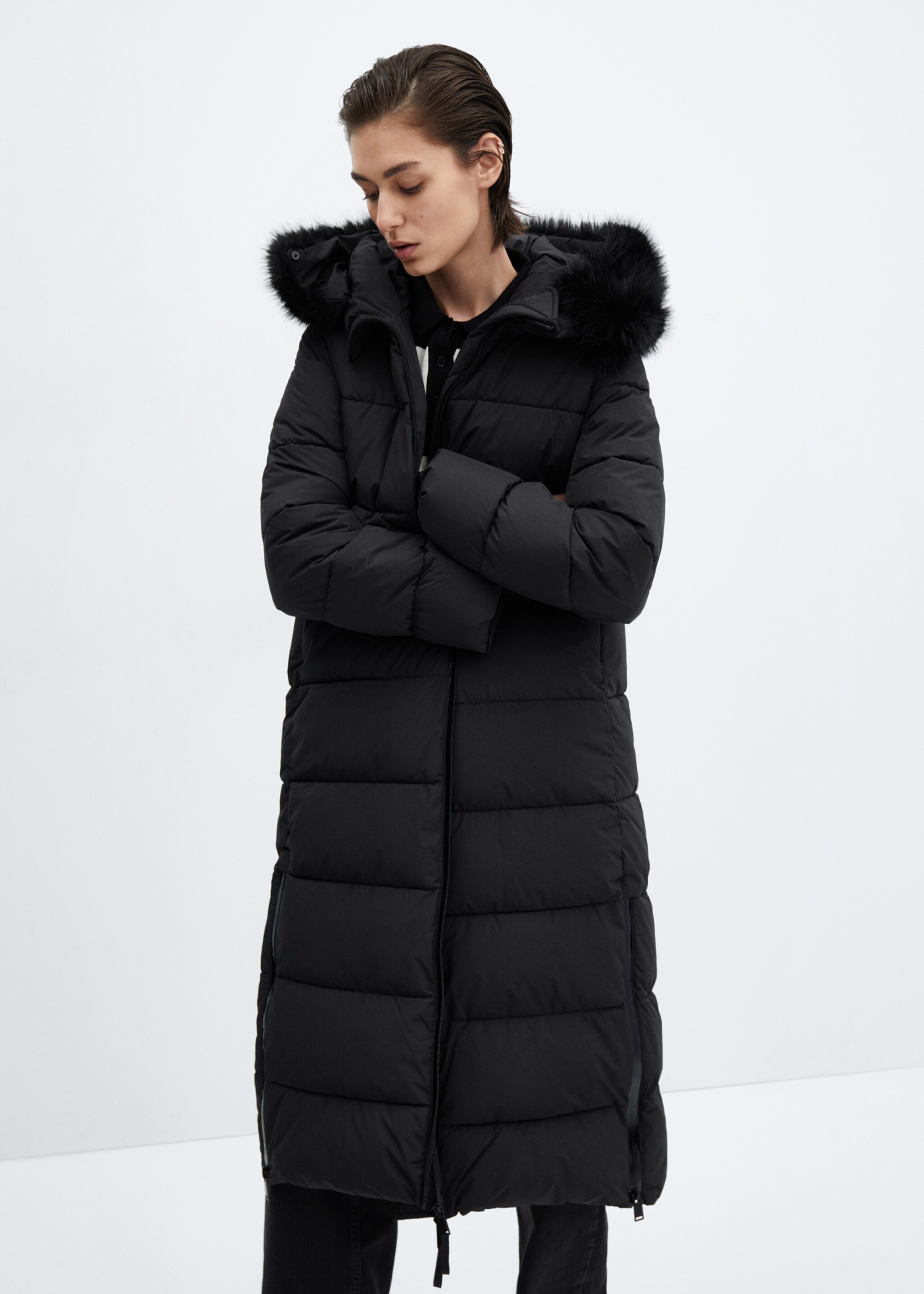 Quilted coat with fur-effect hood - Medium plane